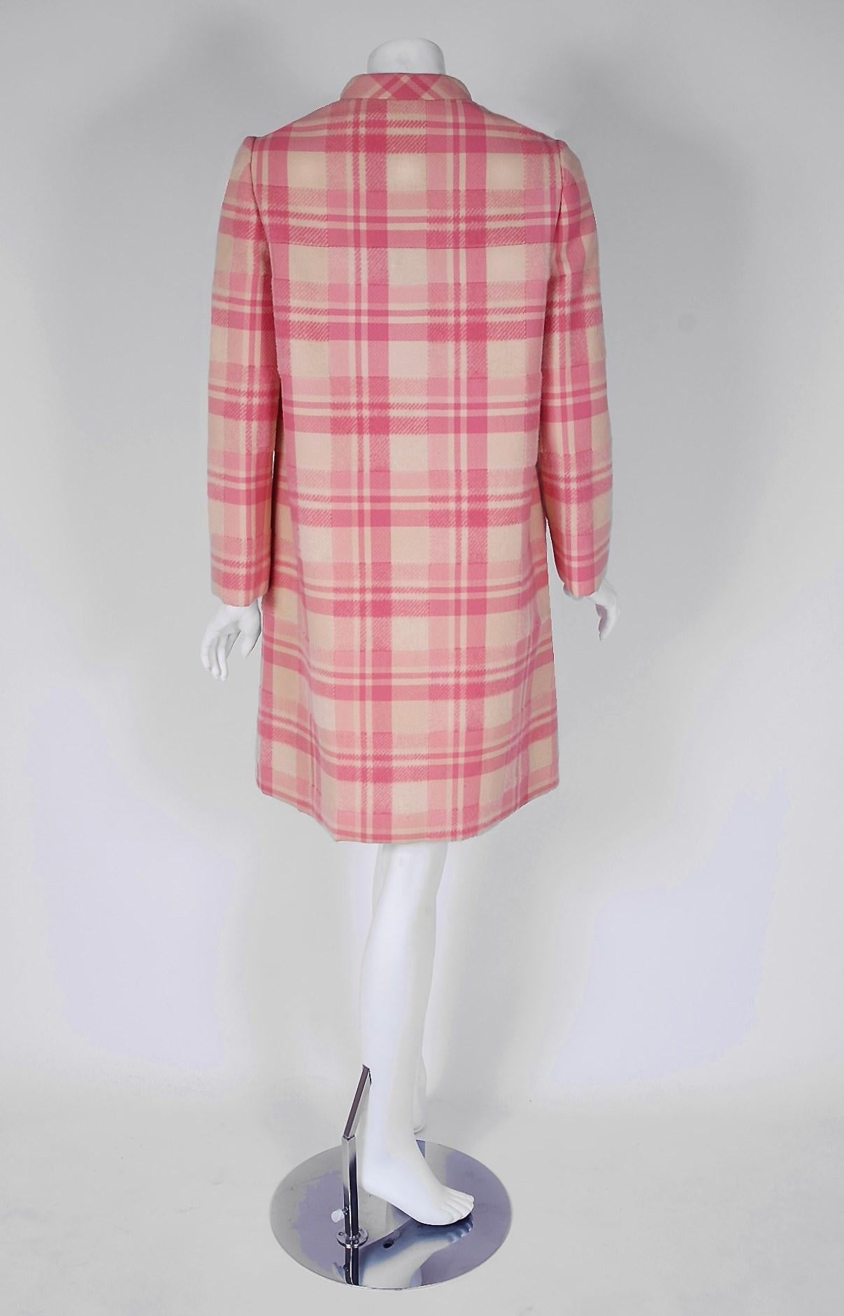 White 1966 George Halley Couture Pink & Ivory Plaid Wool Tailored Mod Jacket Coat