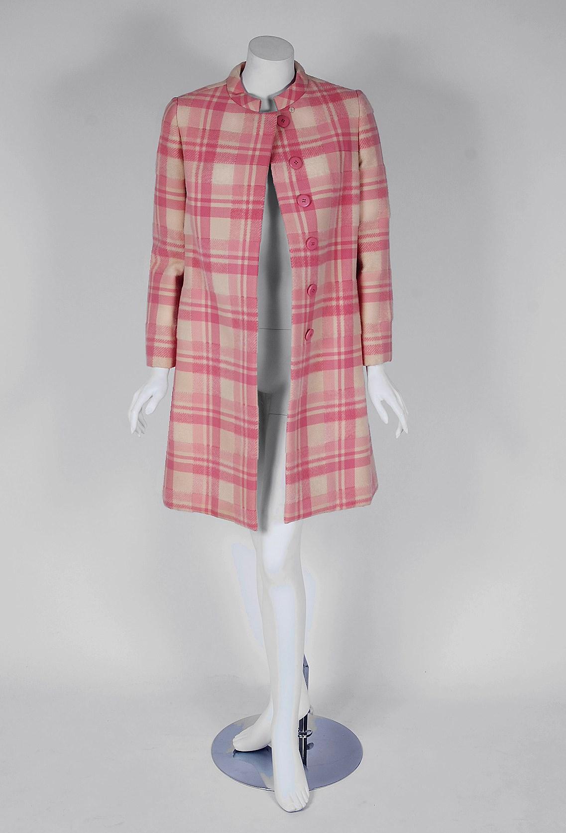 Beauriful George Halley Couture pink plaid winter coat dating back to his 1966 collection. Halley started this career at the early age of eighteen by working with the famous designer Charles James who said he was a 