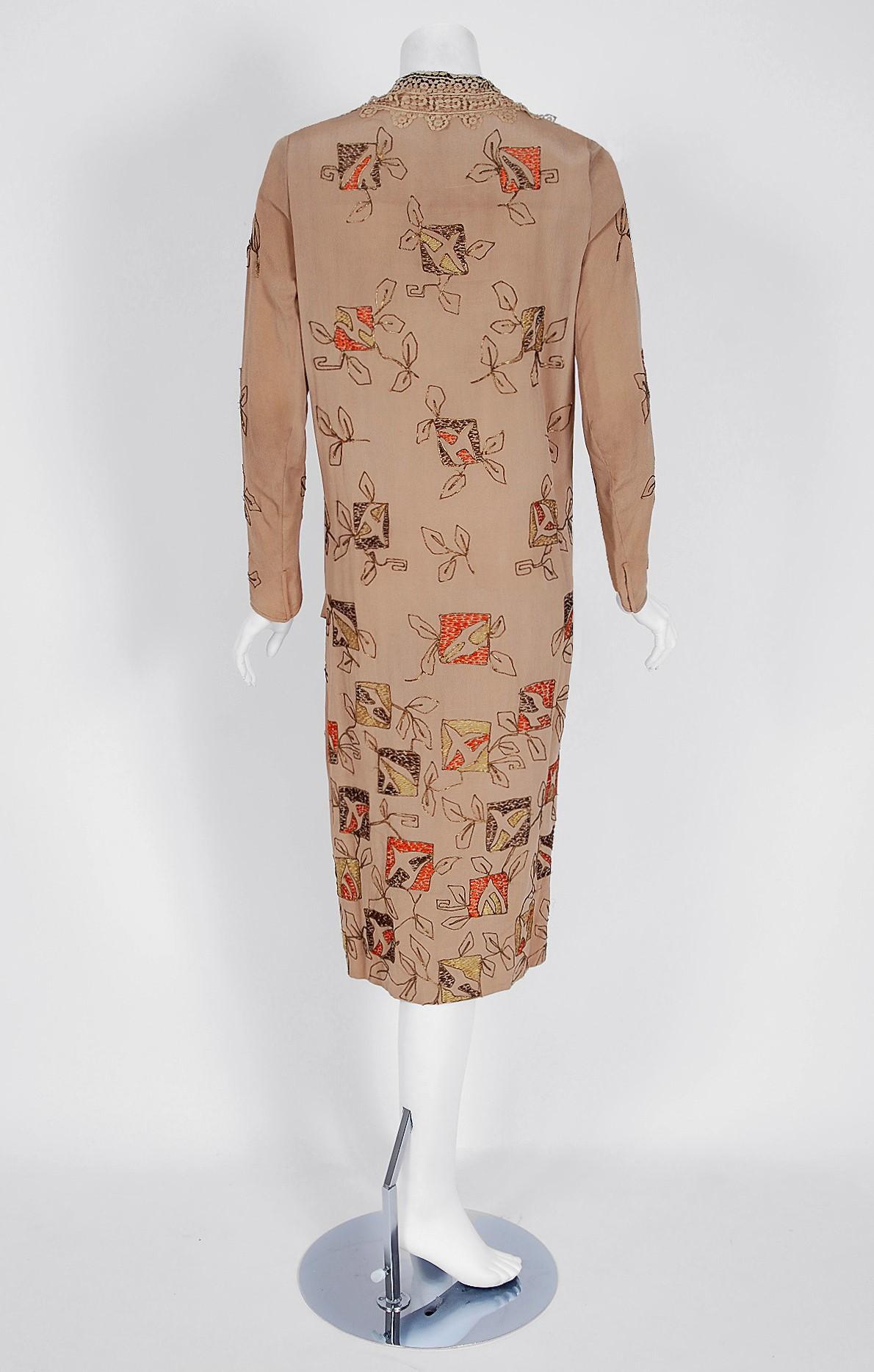 Brown Vintage 1920's Arthur Weiss Couture Metallic Art Deco Embroidered Silk Dress