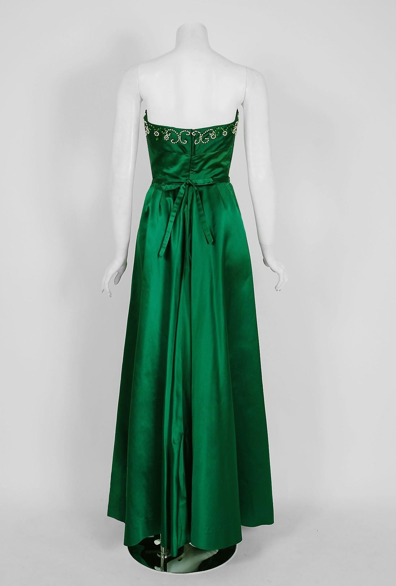 1950's Helga Couture Emerald-Green Beaded Satin Strapless Bombshell Evening Gown In Good Condition In Beverly Hills, CA