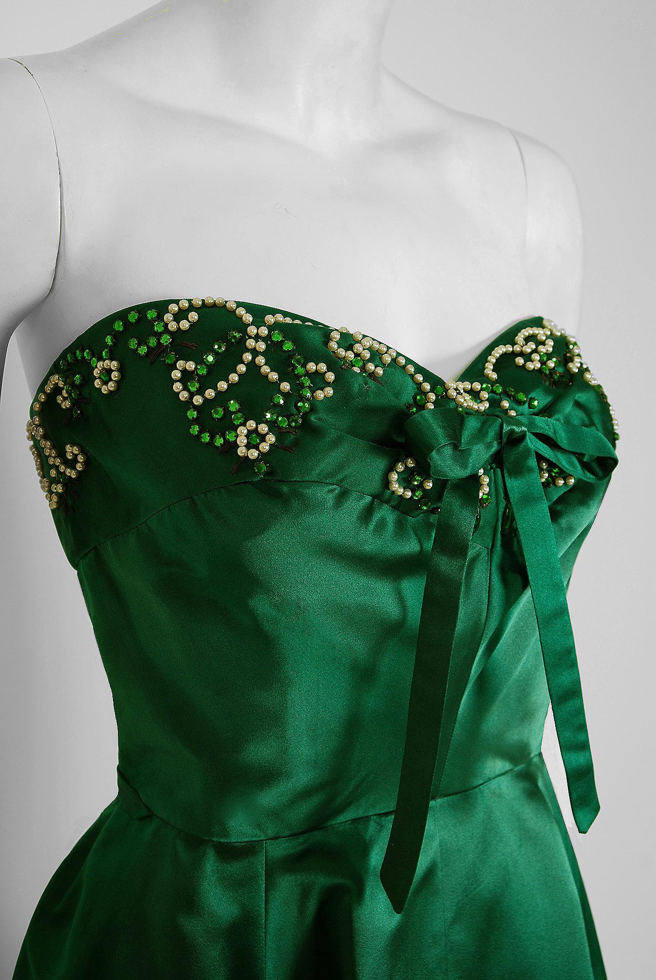 Blue 1950's Helga Couture Emerald-Green Beaded Satin Strapless Bombshell Evening Gown