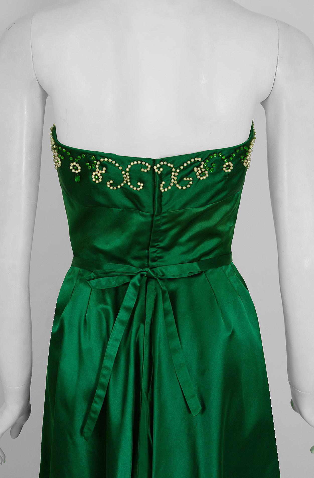 Women's 1950's Helga Couture Emerald-Green Beaded Satin Strapless Bombshell Evening Gown