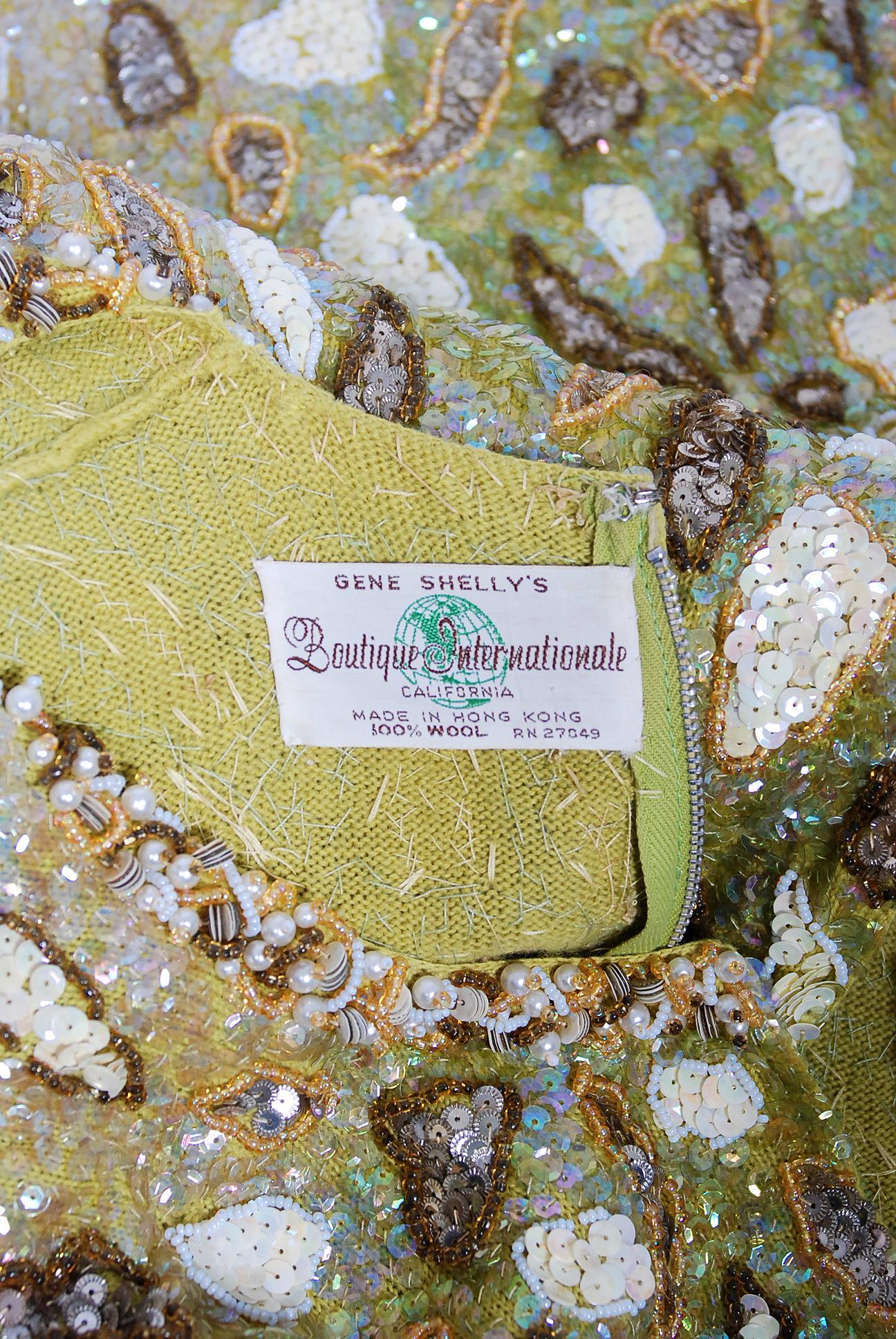 Gene Shelly Chartreuse Gelbes Strick-Cocktailkleid mit Pailletten und Perlen, 1960er Jahre im Angebot 4