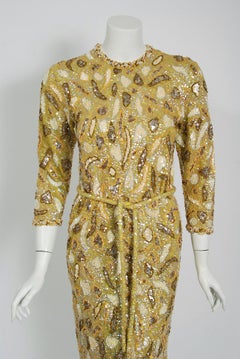 1960's Gene Shelly Chartreuse Yellow Sequin Beaded Stretch Knit Cocktail Dress