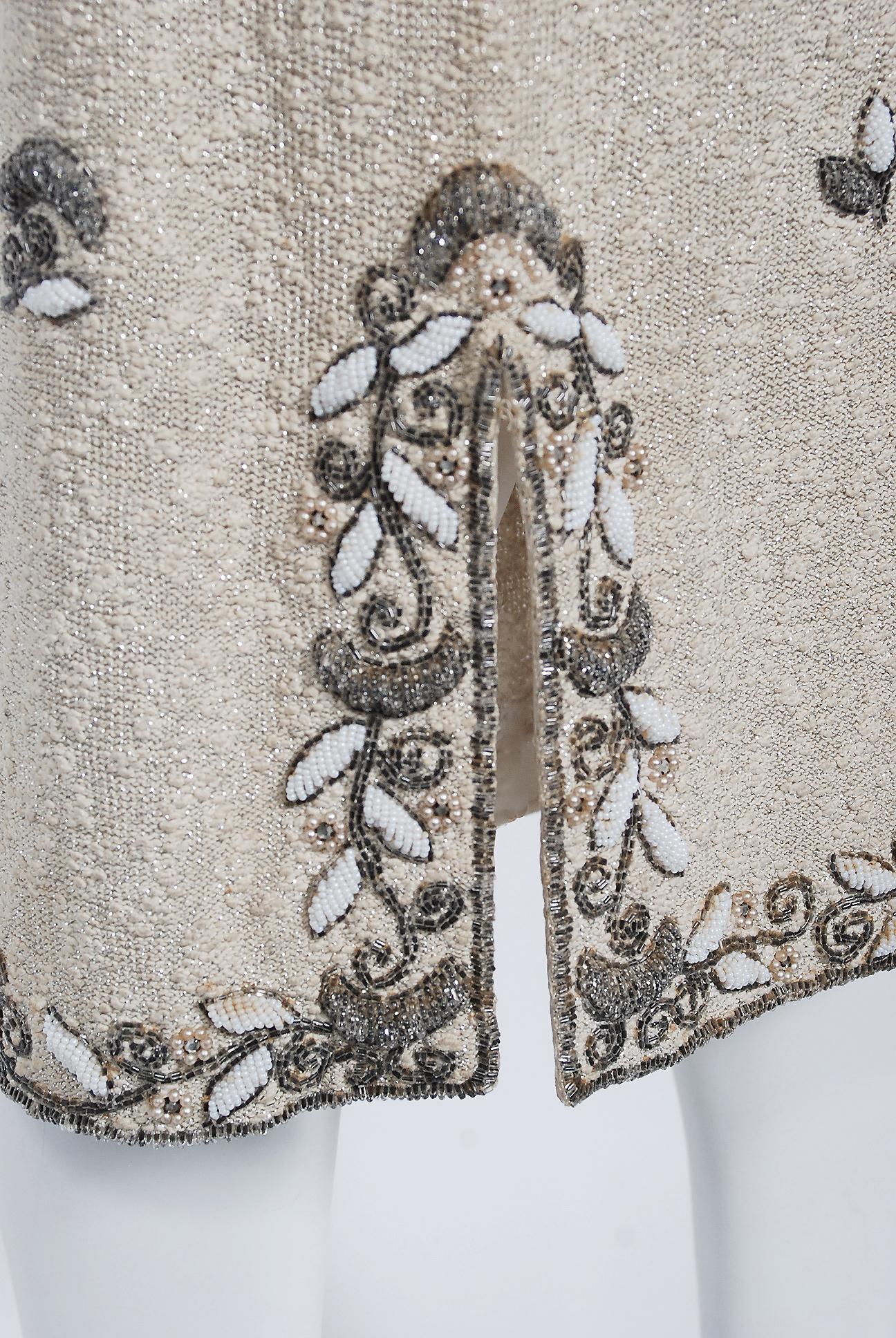 Women's 1940's Metallic Creme Wool Knit Beaded Floral-Motif Hourglass Cocktail Dress