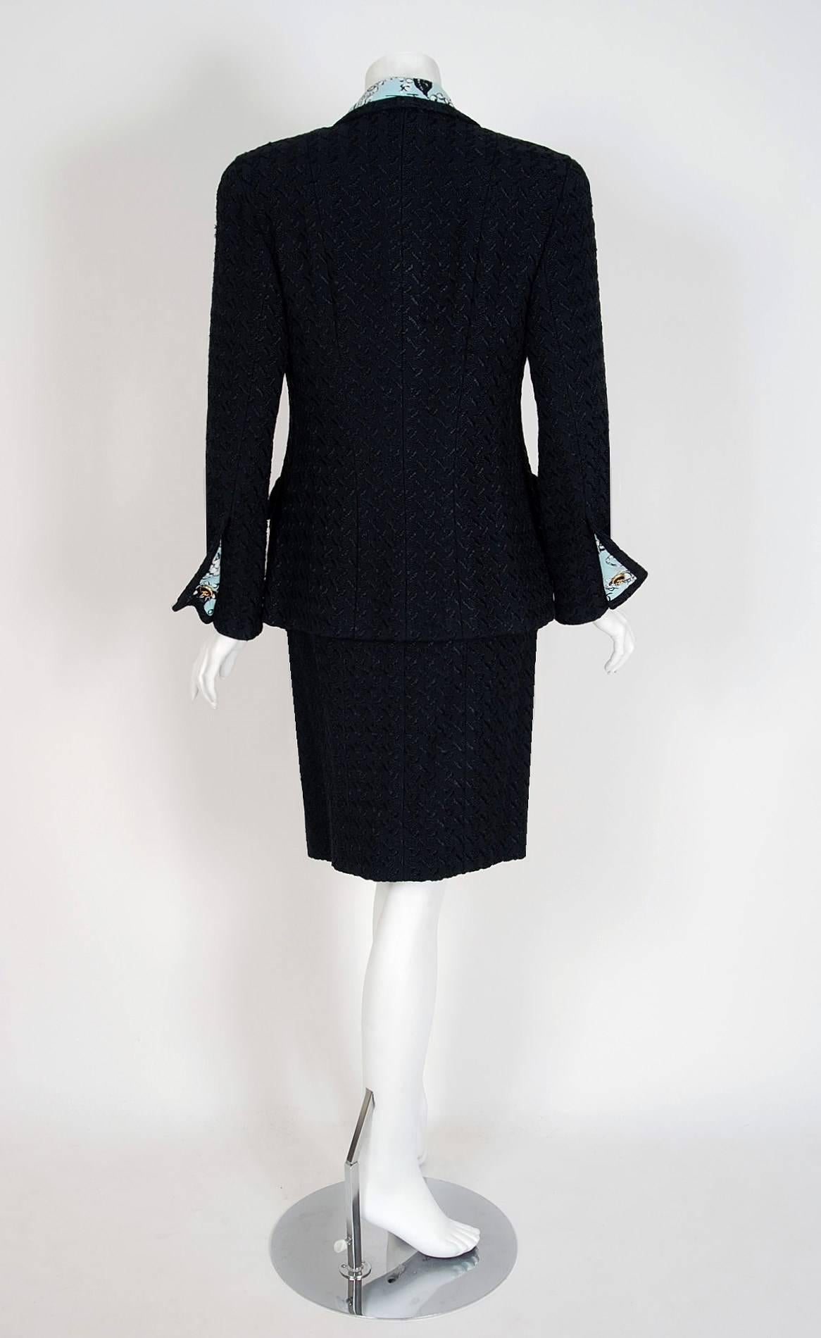 1993 Chanel Runway Black Boucle Wool & Novelty Print Silk 3-Piece Jacket Suit 3