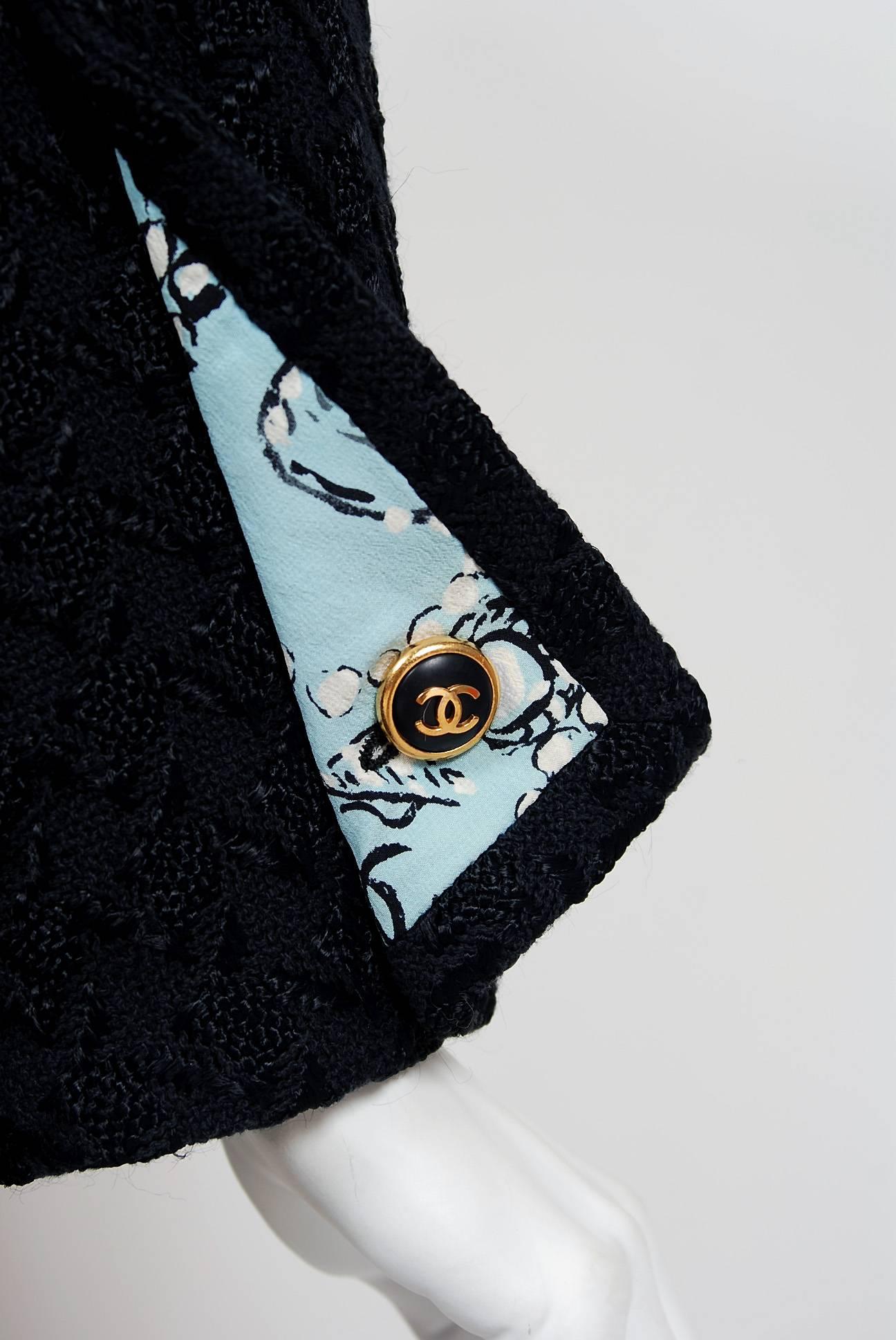 Women's 1993 Chanel Runway Black Boucle Wool & Novelty Print Silk 3-Piece Jacket Suit