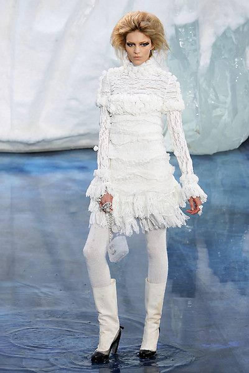 Breathtaking Chanel fall season sample runway dress which retailed for over $8,000 in 2010! This iconic Iceberg collection was particularly strong with fringed wool shifts, extravagantly sculpted knits and crystal-edged chiffon cocktail dresses.