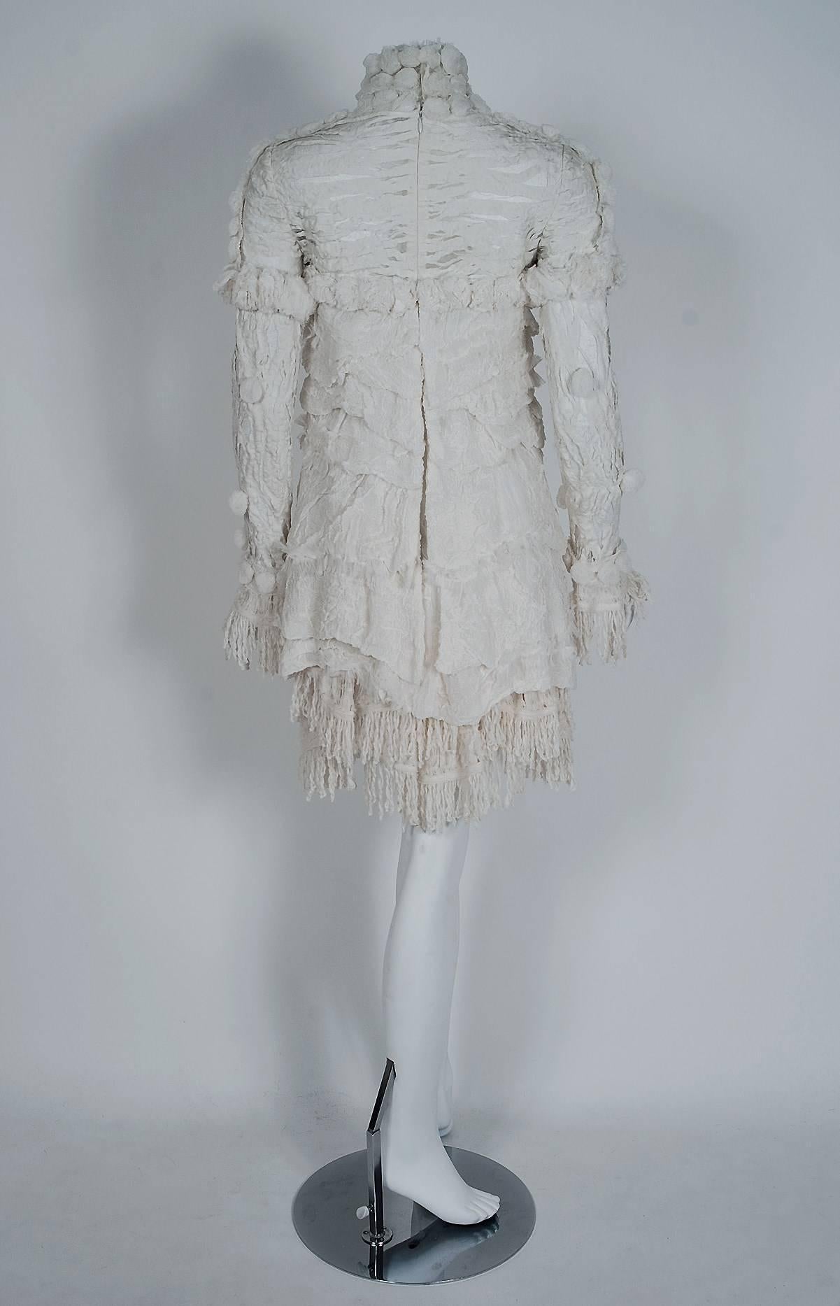 2010 Chanel Runway Iceberg Collection Ivory White Silk Applique Fringe Dress 3