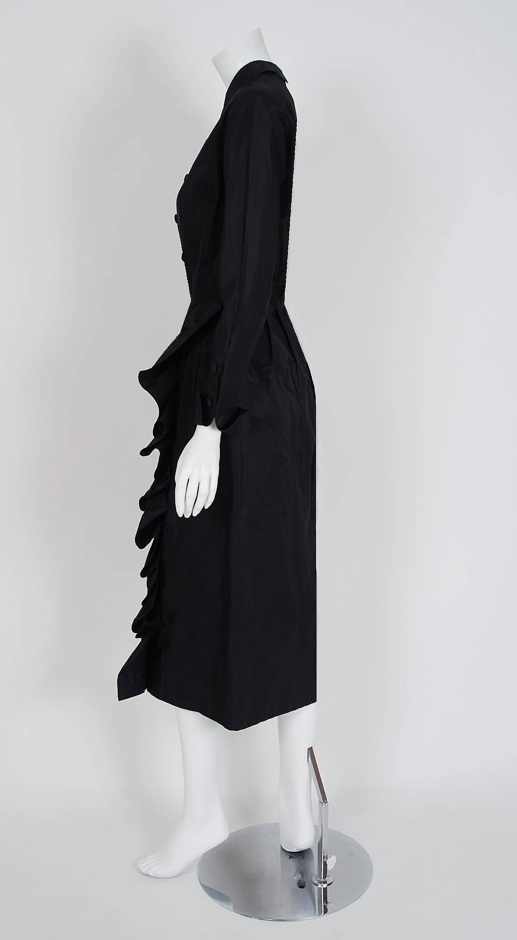1954 Christian Dior Original Black Silk-Taffeta Asymmetric Ruffle Cocktail Dress In Excellent Condition In Beverly Hills, CA
