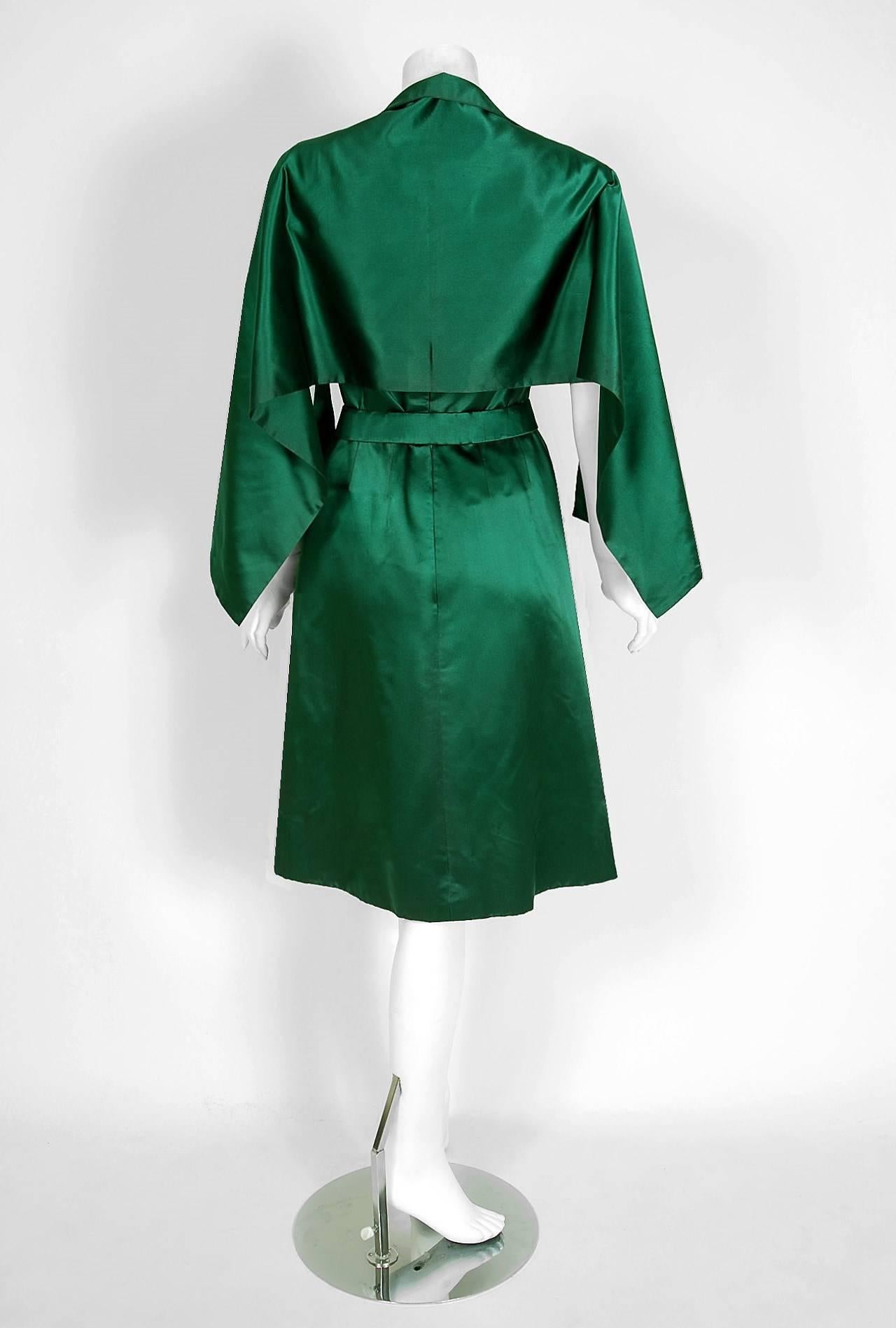 Women's 1960 Christian Dior Paris Demi-Couture Emerald Green Satin Party Dress & Shawl
