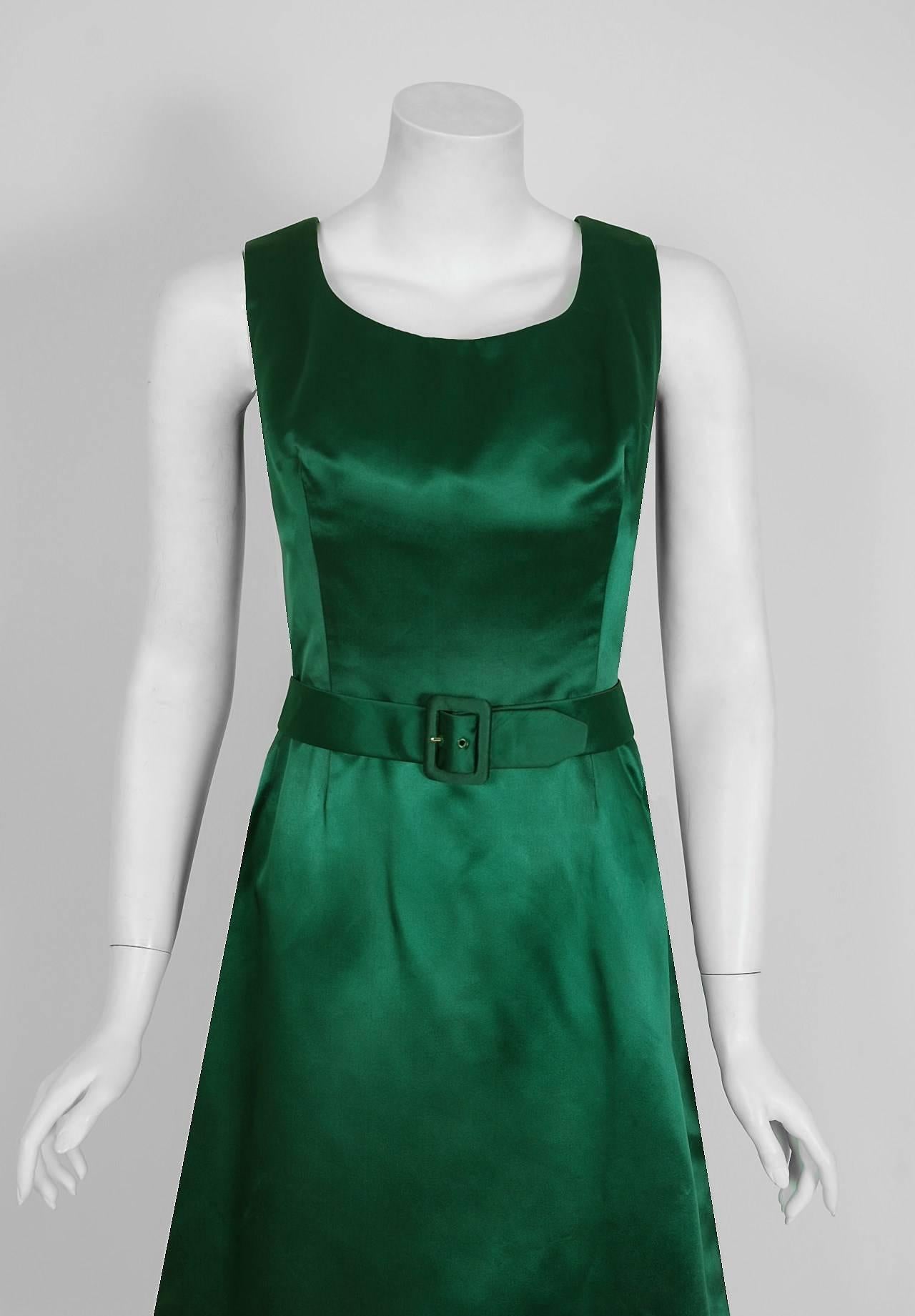 Blue 1960 Christian Dior Paris Demi-Couture Emerald Green Satin Party Dress & Shawl