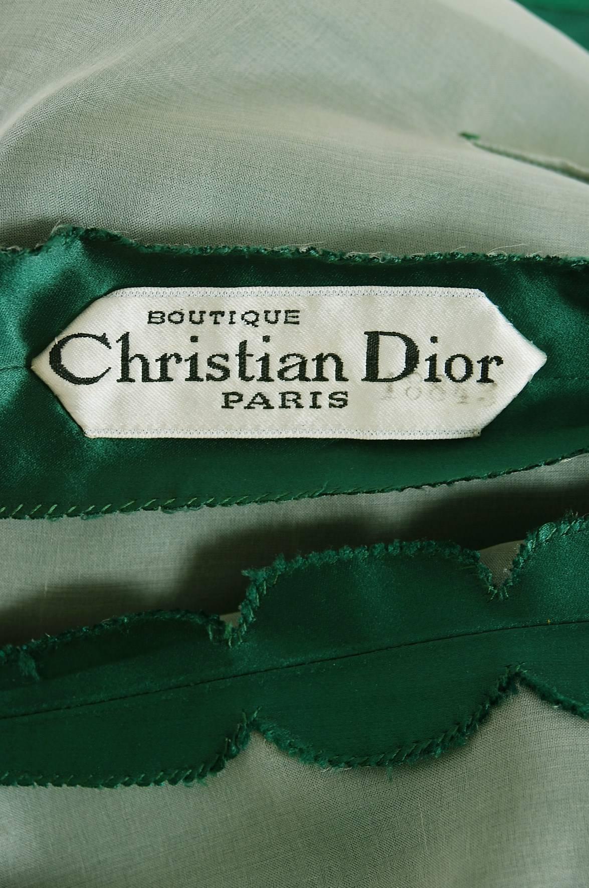 1960 Christian Dior Paris Demi-Couture Emerald Green Satin Party Dress & Shawl 1