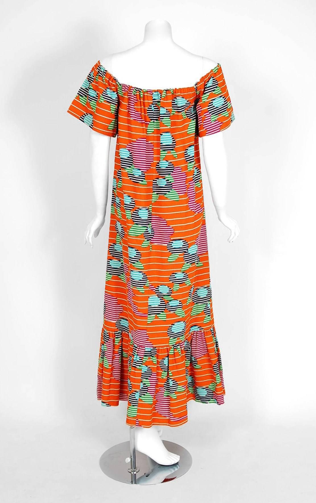 1970's Lanvin Colorful Print Off-Shoulder Pique Cotton Peasant Dress‏  1