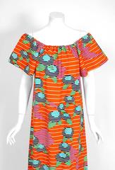 1970's Lanvin Colorful Print Off-Shoulder Pique Cotton Peasant Dress‏