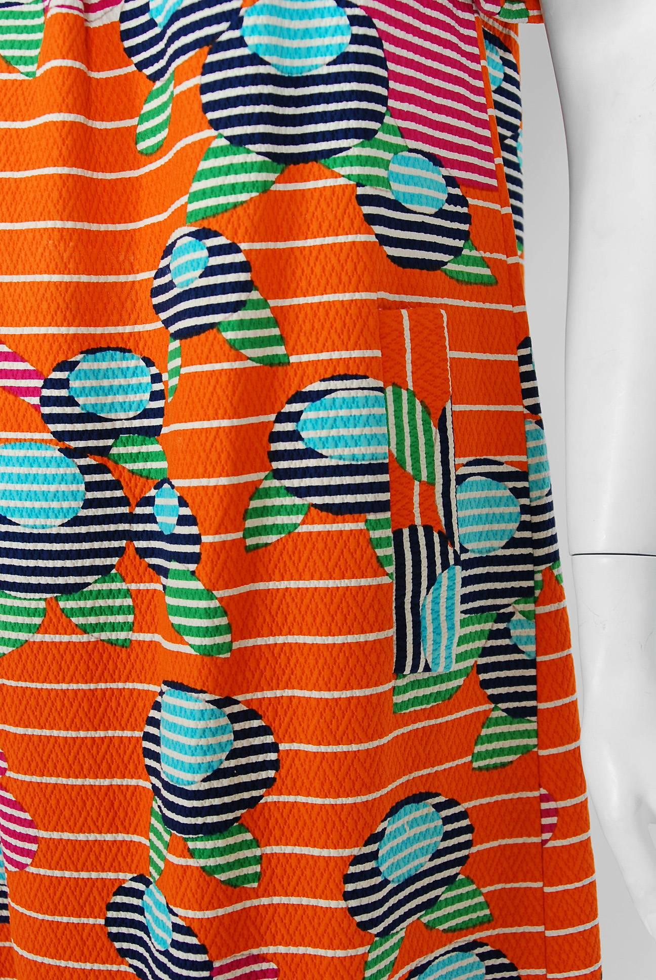 1970's Lanvin Colorful Print Off-Shoulder Pique Cotton Peasant Dress‏  In Excellent Condition In Beverly Hills, CA