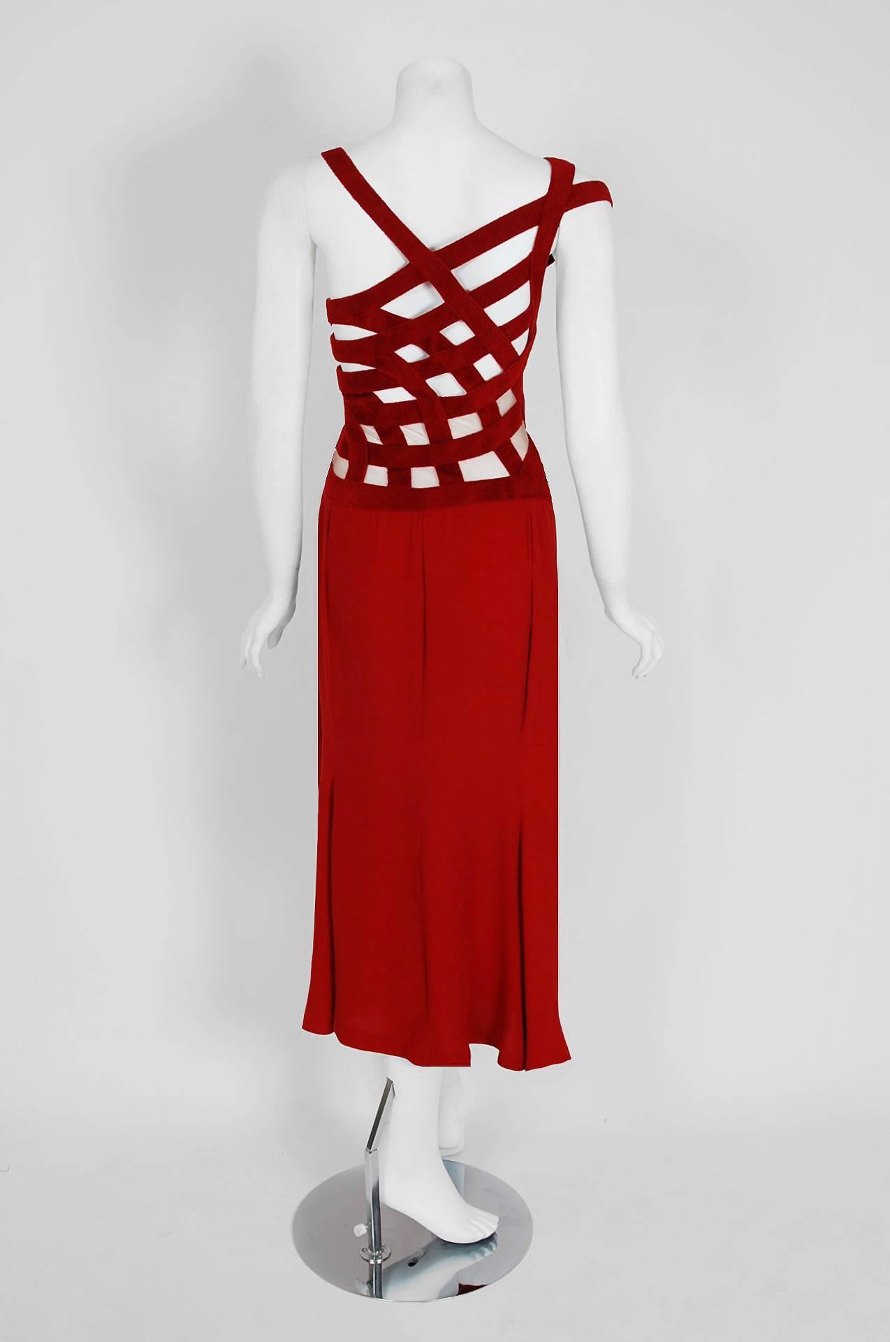 1990's Herve Leger Couture Ruby-Red Bandage Sheer Illusion Hourglass Dress‏  1