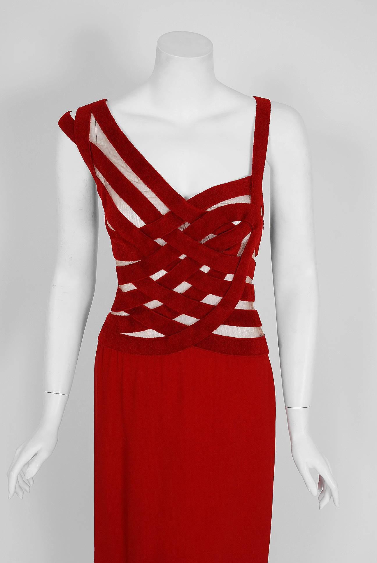 Seductive Herve Leger Couture bandage dress is the most gorgeous ruby-red color! At the early age of 23, Karl Lagerfeld recognized Herve Leger's talent and took him under his training. A few years later, while working for himself, he created the