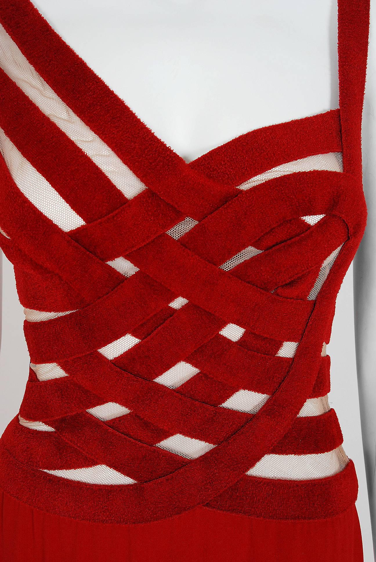 1990's Herve Leger Couture Ruby-Red Bandage Sheer Illusion Hourglass Dress‏  In Excellent Condition In Beverly Hills, CA