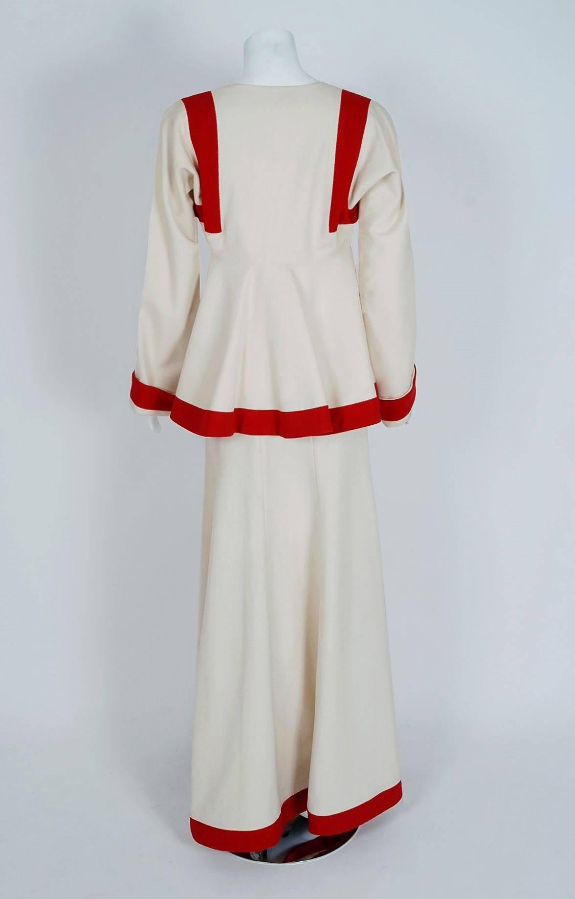 1973 Ossie Clark Ivory Red Block-Color Wool Jacket & Maxi Skirt Dress Ensemble In Excellent Condition In Beverly Hills, CA