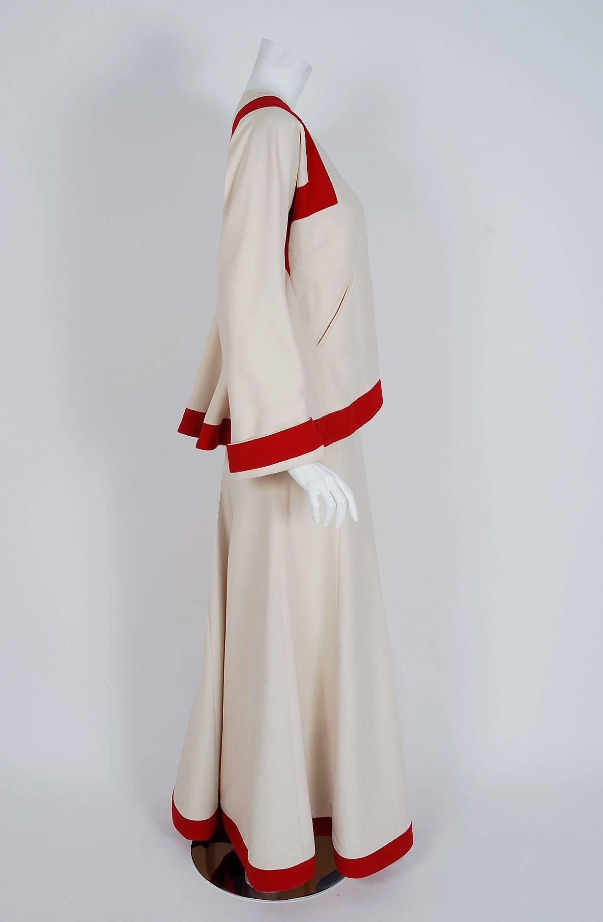 Beige 1973 Ossie Clark Ivory Red Block-Color Wool Jacket & Maxi Skirt Dress Ensemble
