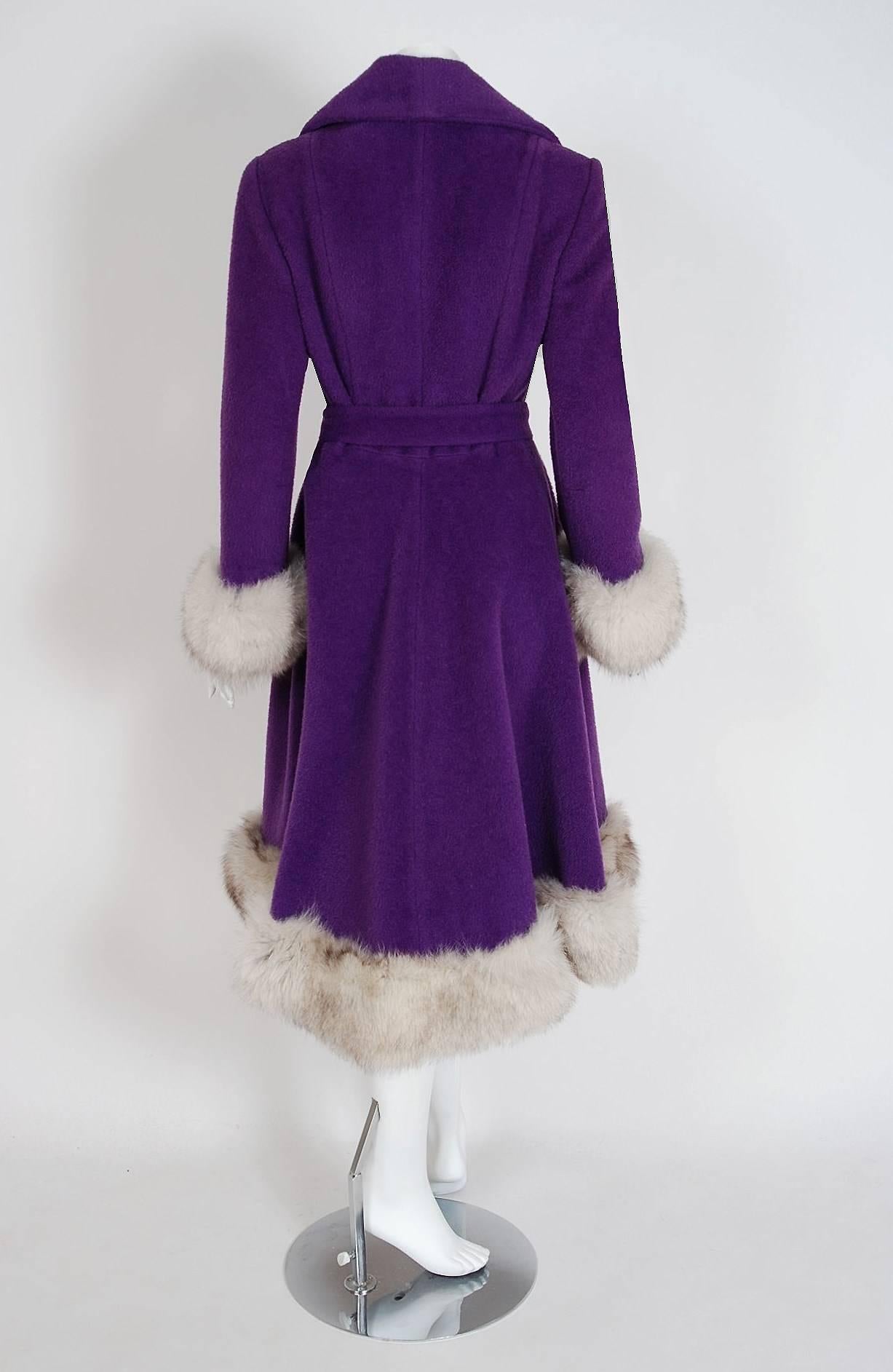 1960's Lilli-Ann Purple Wool & Fox Fur Double-Breasted Belted Princess Coat  1