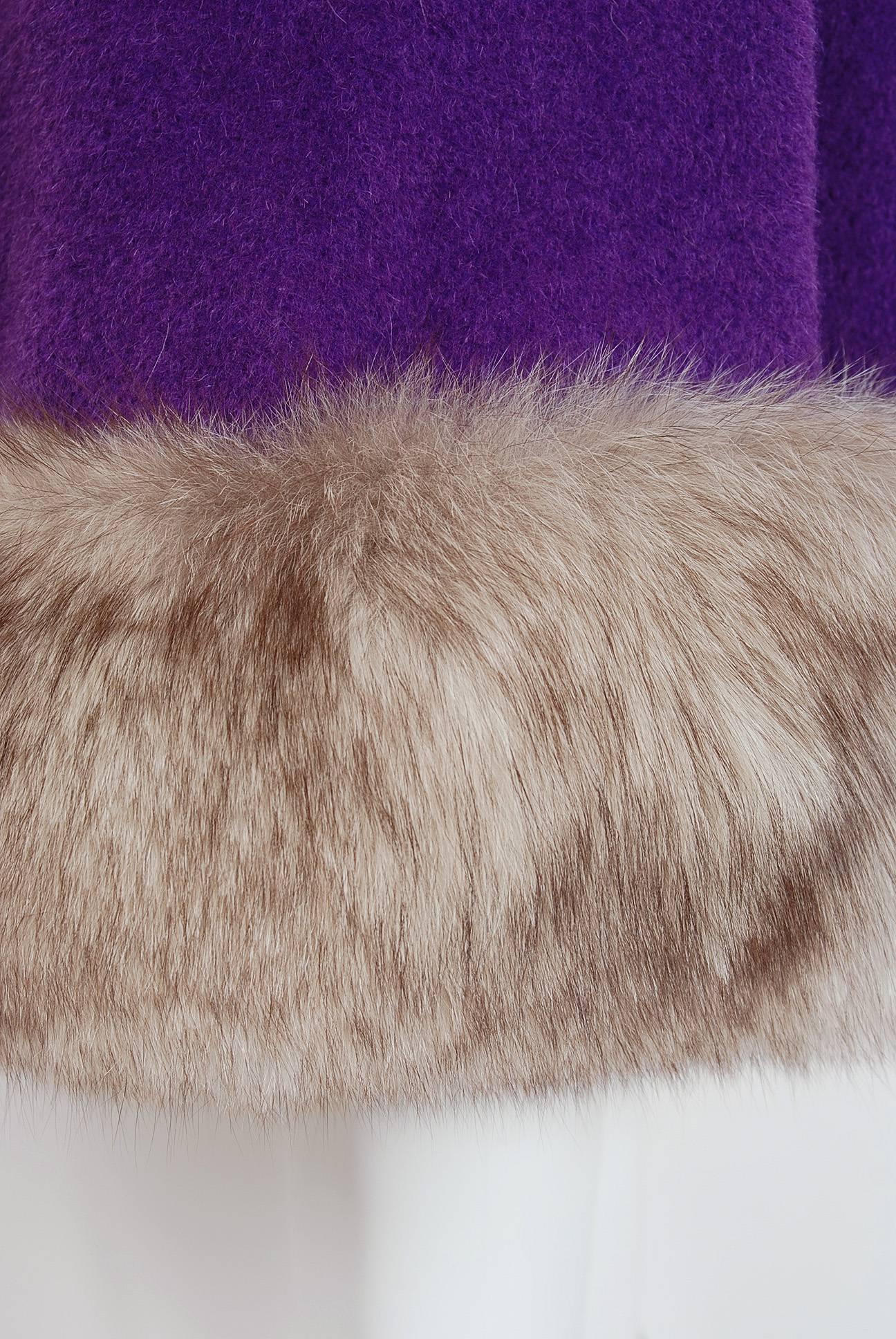 Women's 1960's Lilli-Ann Purple Wool & Fox Fur Double-Breasted Belted Princess Coat 