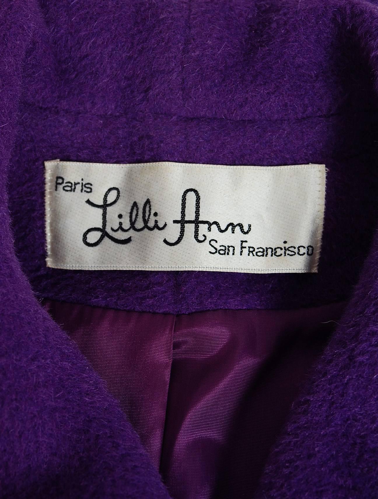 1960's Lilli-Ann Purple Wool & Fox Fur Double-Breasted Belted Princess Coat  2