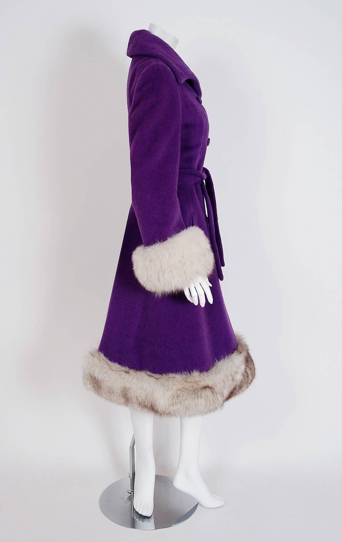 1960's Lilli-Ann Purple Wool & Fox Fur Double-Breasted Belted Princess Coat  In Excellent Condition In Beverly Hills, CA