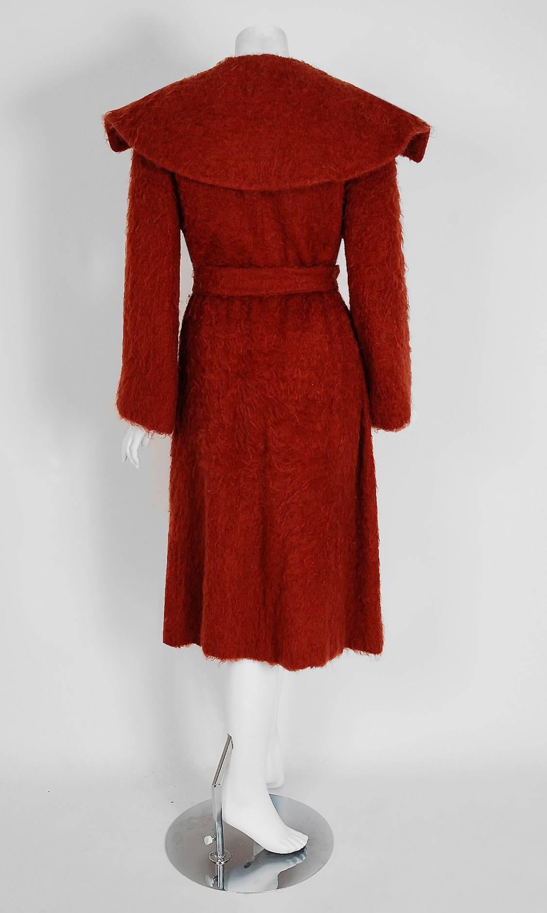 Women's 1970's Mr. Blackwell Rust Orange-Red Mohair Wool Portrait-Collar Belted Coat 