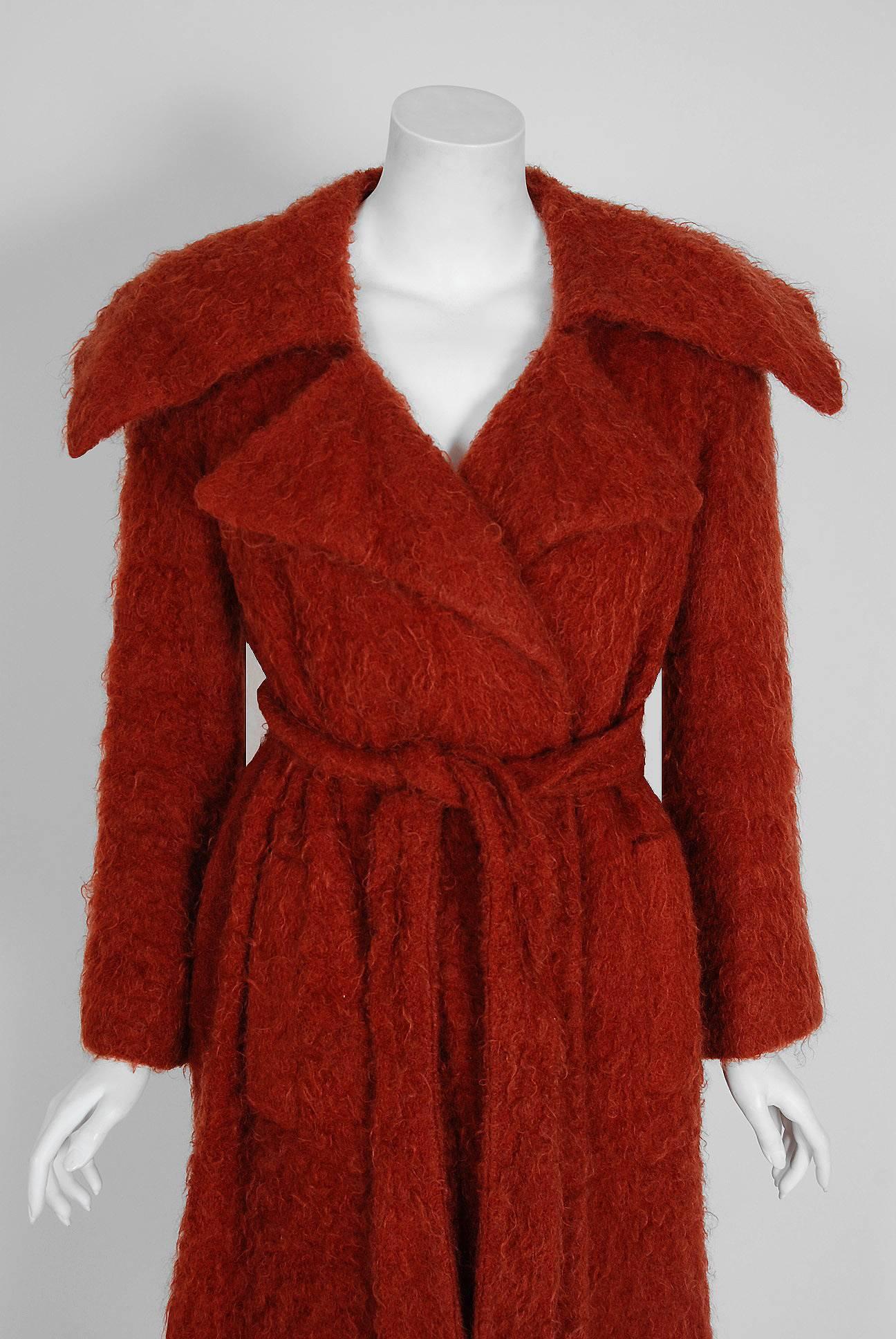 Exquisite 1970's orange-red rust mohair wool coat by the famous 