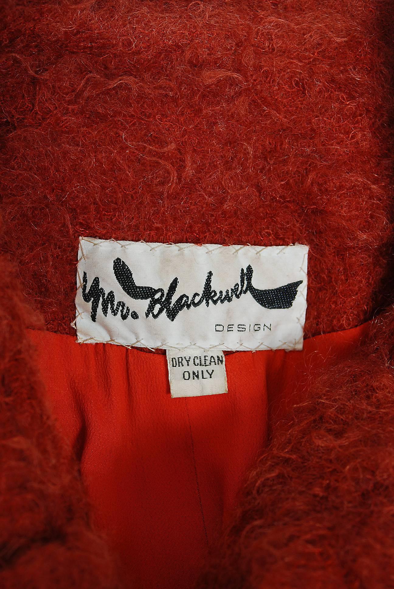 1970's Mr. Blackwell Rust Orange-Red Mohair Wool Portrait-Collar Belted Coat  1