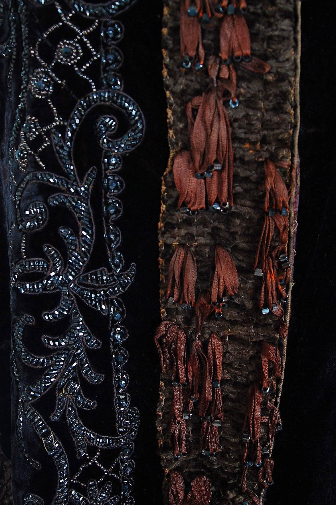 Black 1880's Victorian Antique Couture Beaded Fringe Rust-Velvet Gothic Mantle Jacket