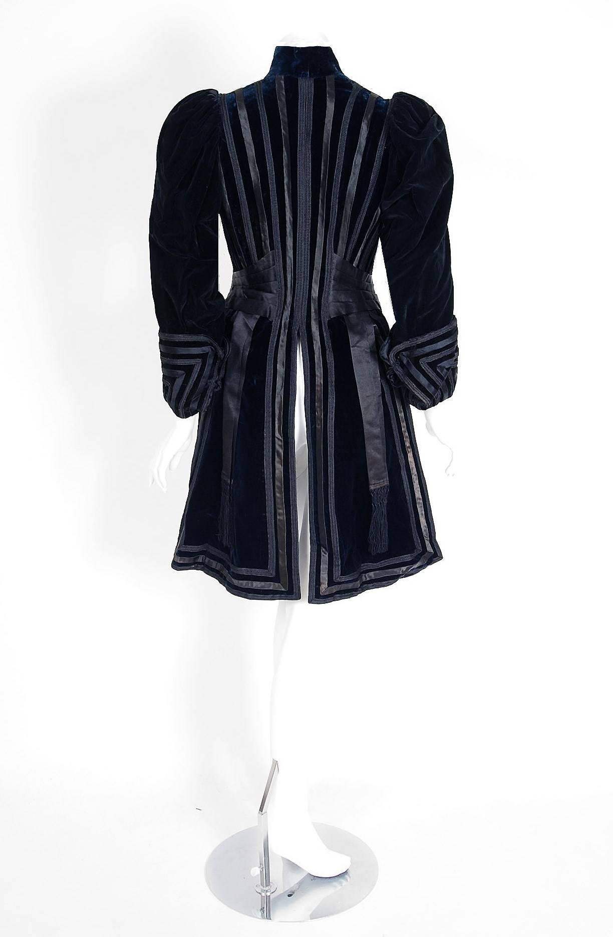 1910's Edwardian Antique Couture Blue Velvet Puff-Sleeve Princess Jacket Coat 1