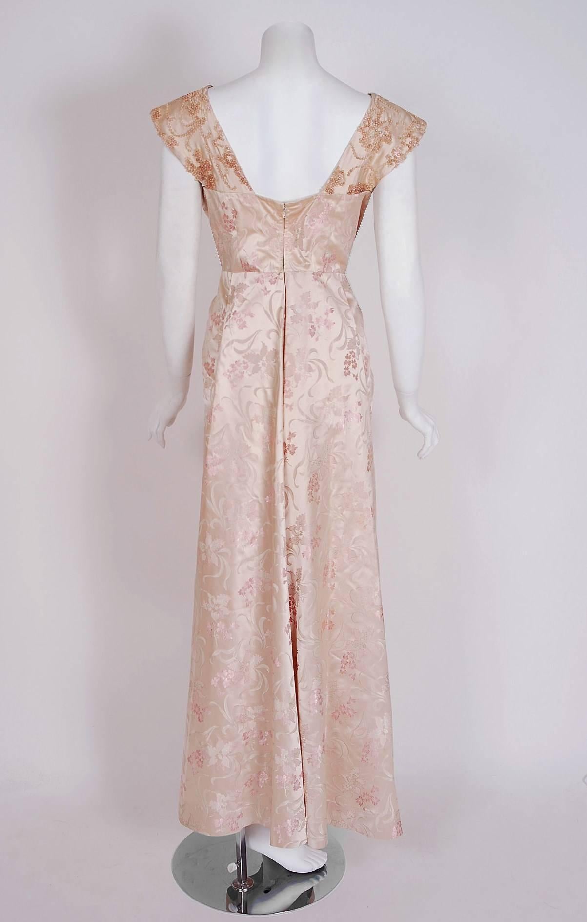 Beige 1953 Christian Dior Haute Couture Beaded Champagne Pink Floral Print Silk Gown