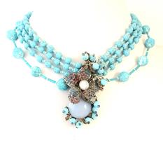 Miriam Haskell turquoise glass multi row necklace, 1960s