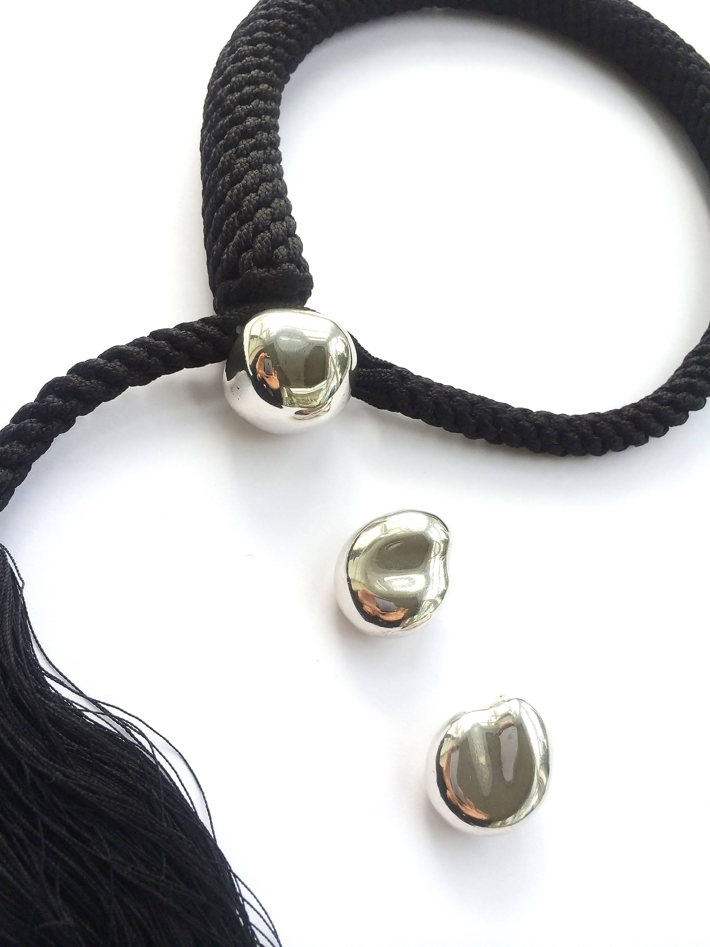 Modern Tiffany & Co (by Elsa Peretti) silk tassle and silver 'bean' necklace, 1980s