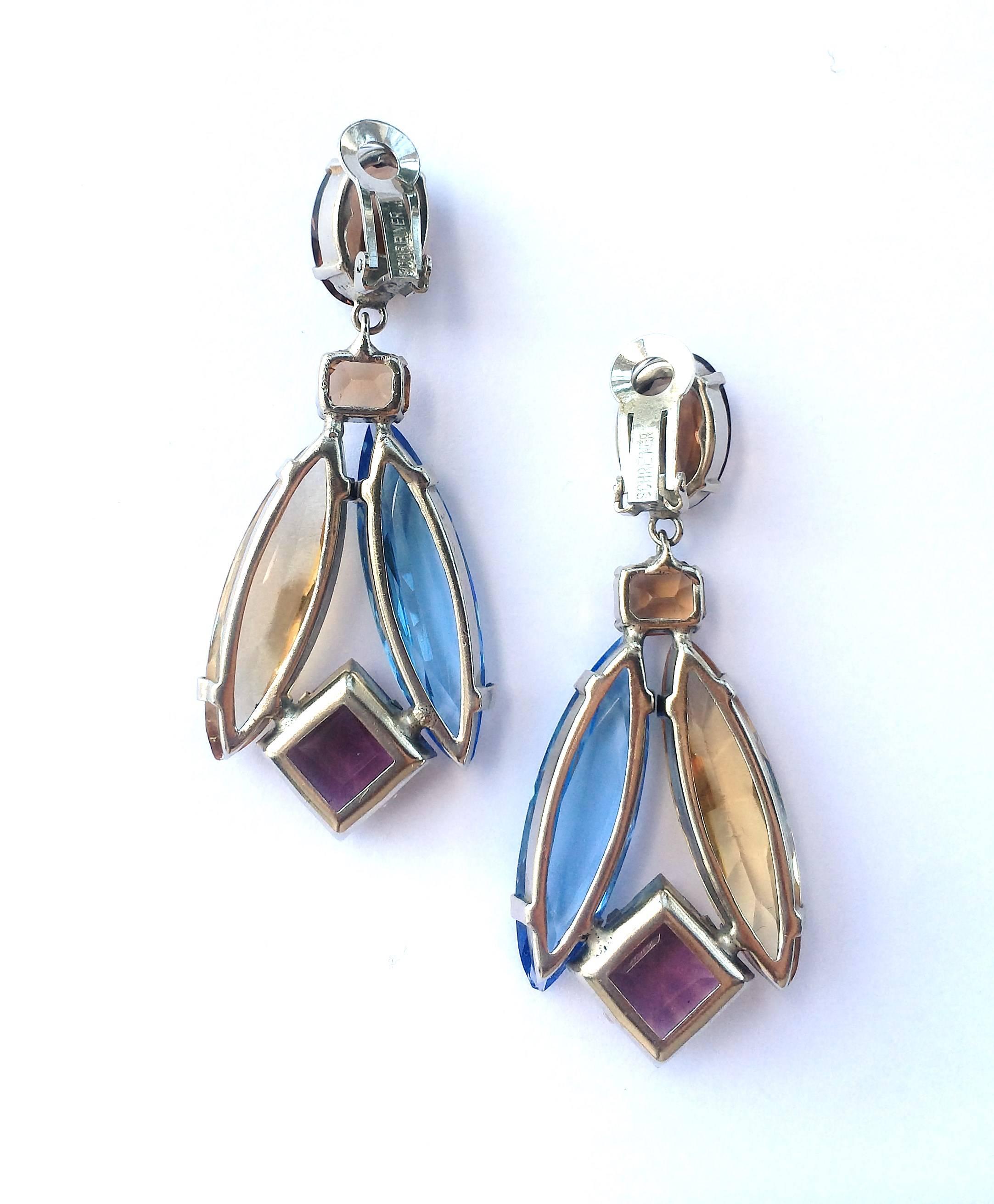 Schreiner of New York blue amethyst and smokey topaz drop earrings, 1960s In Excellent Condition In Greyabbey, County Down