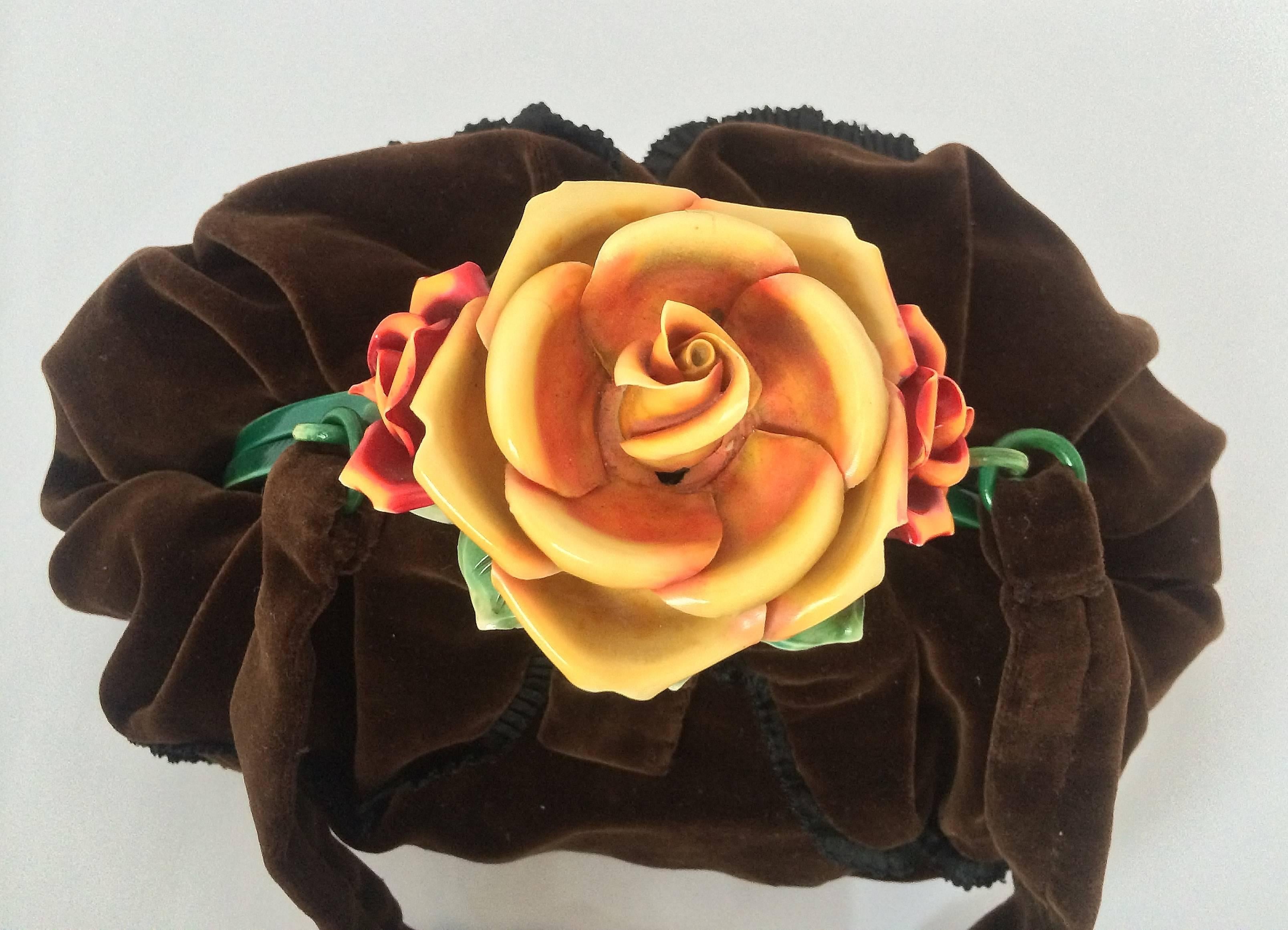 Black  A rare hand coloured celluloid and silk velvet 'rose' handbag, France, 1920s. For Sale