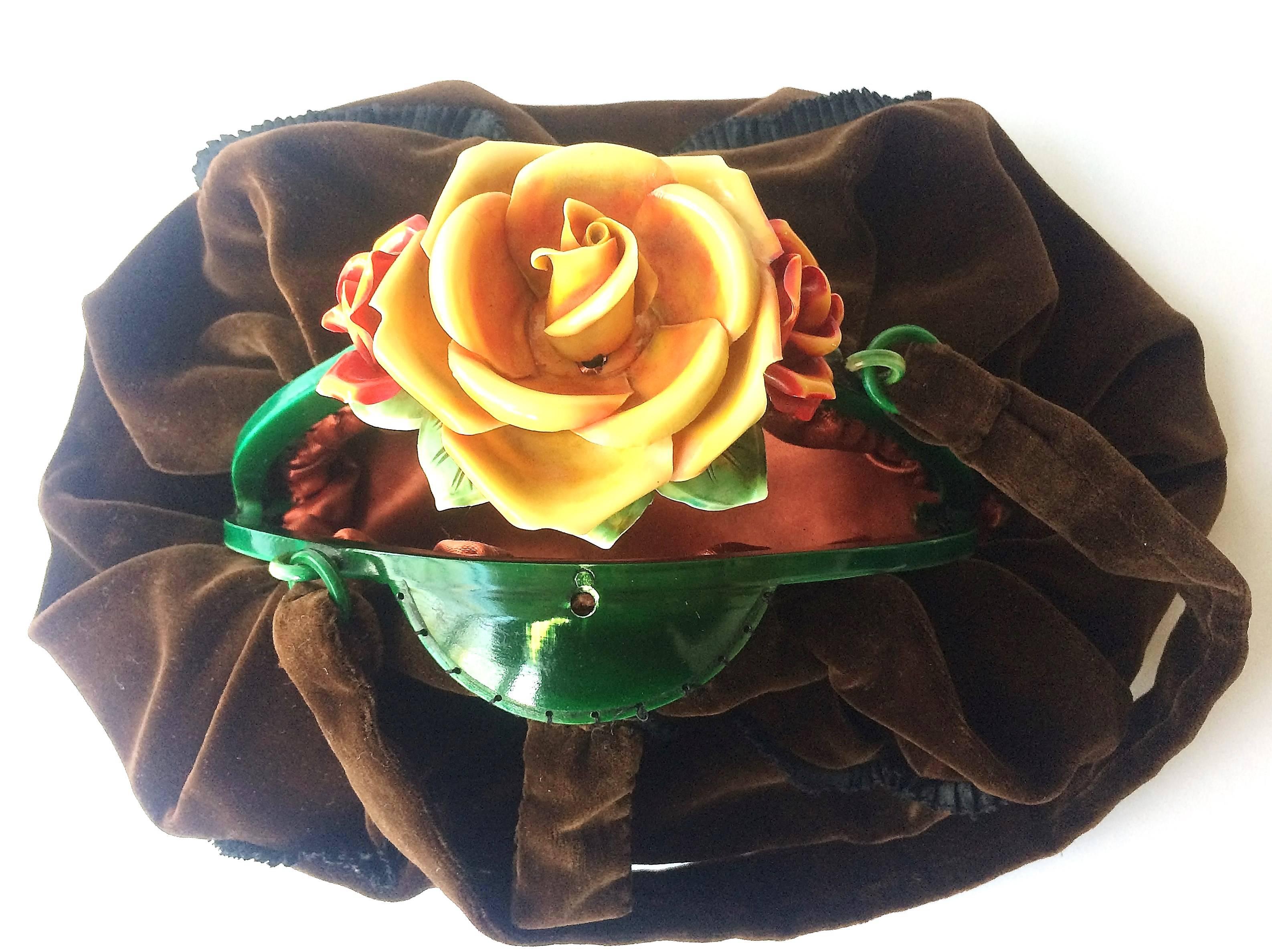 Women's  A rare hand coloured celluloid and silk velvet 'rose' handbag, France, 1920s. For Sale