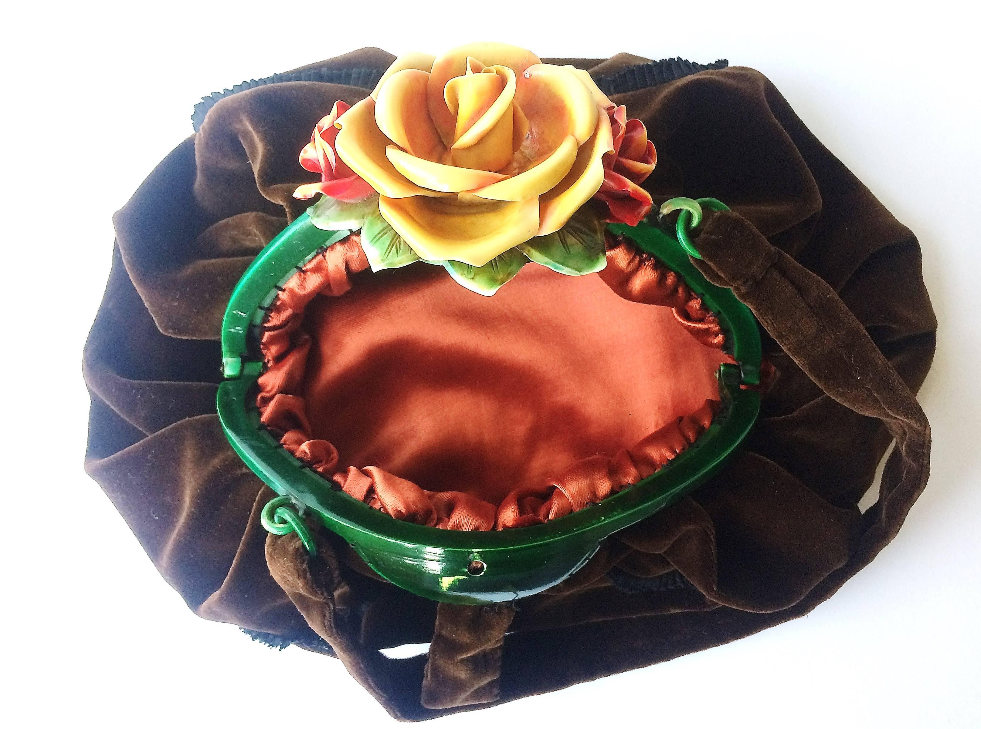 A rare hand coloured celluloid and silk velvet 'rose' handbag, France, 1920s. For Sale 2
