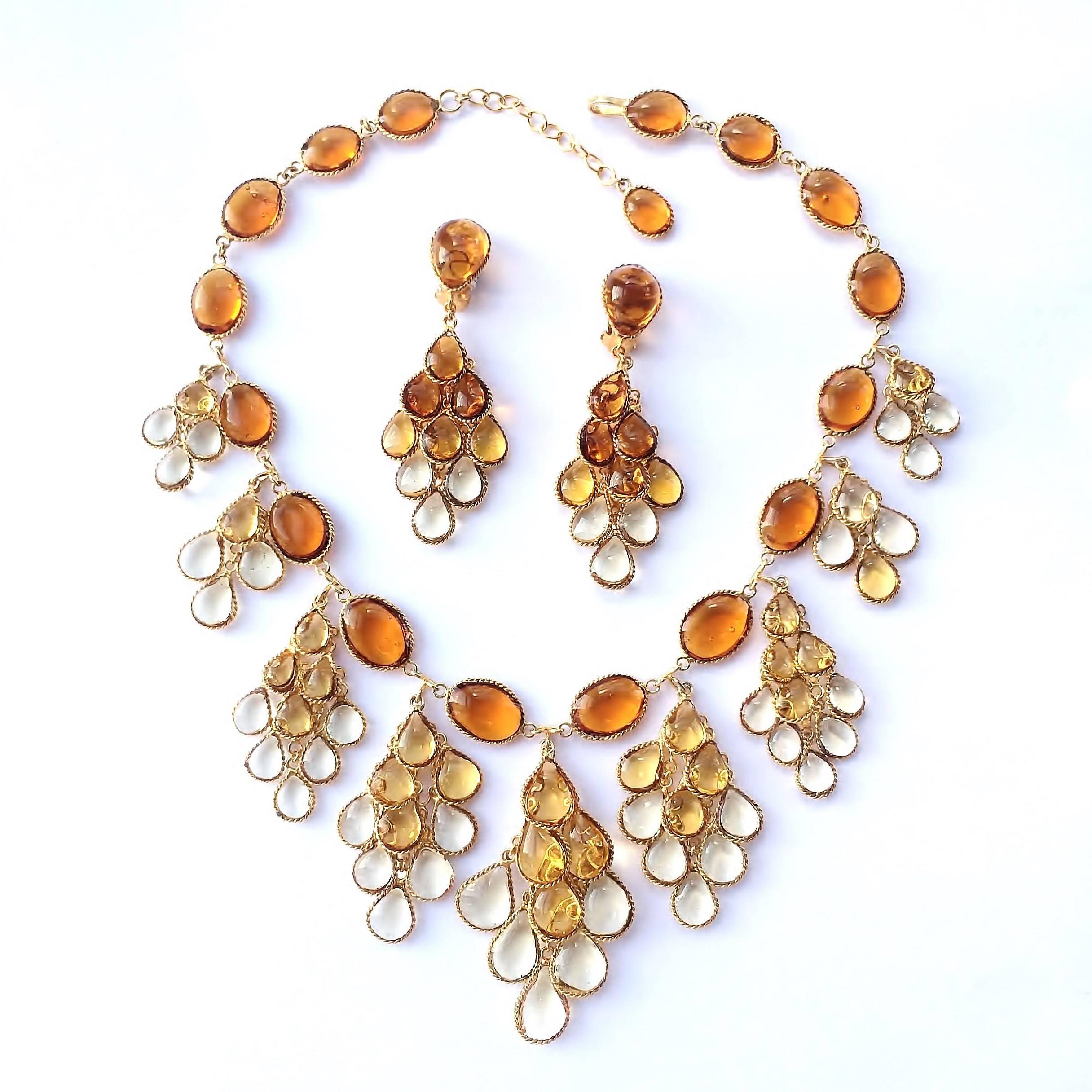 Graduated topaz to citrine poured glass and gilt articulated drop earrings For Sale 4