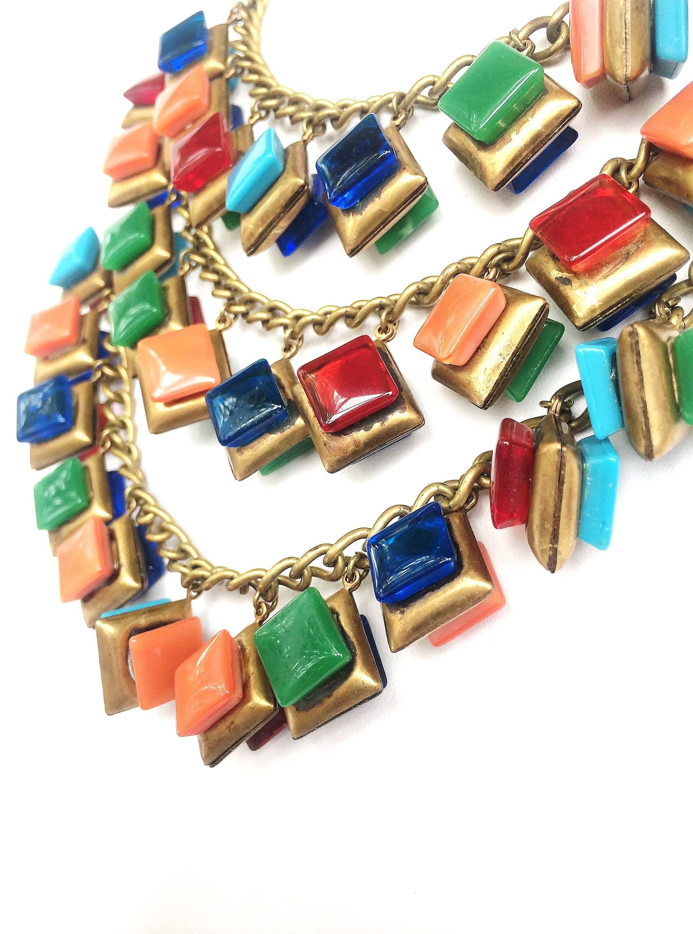 Women's A striking three row glass square 'charm' necklace, 1930s. For Sale