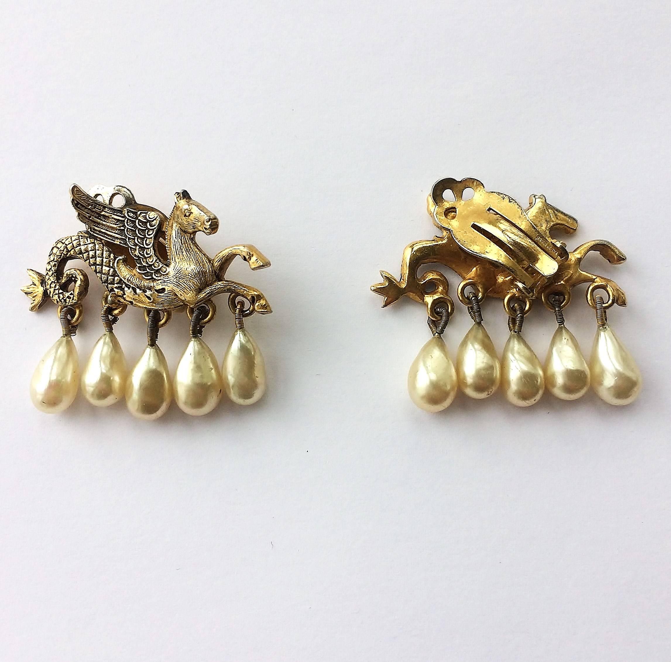 Women's V rare 'hippocamp' gilt and drop pearl earrings, Christian Dior, 1950s