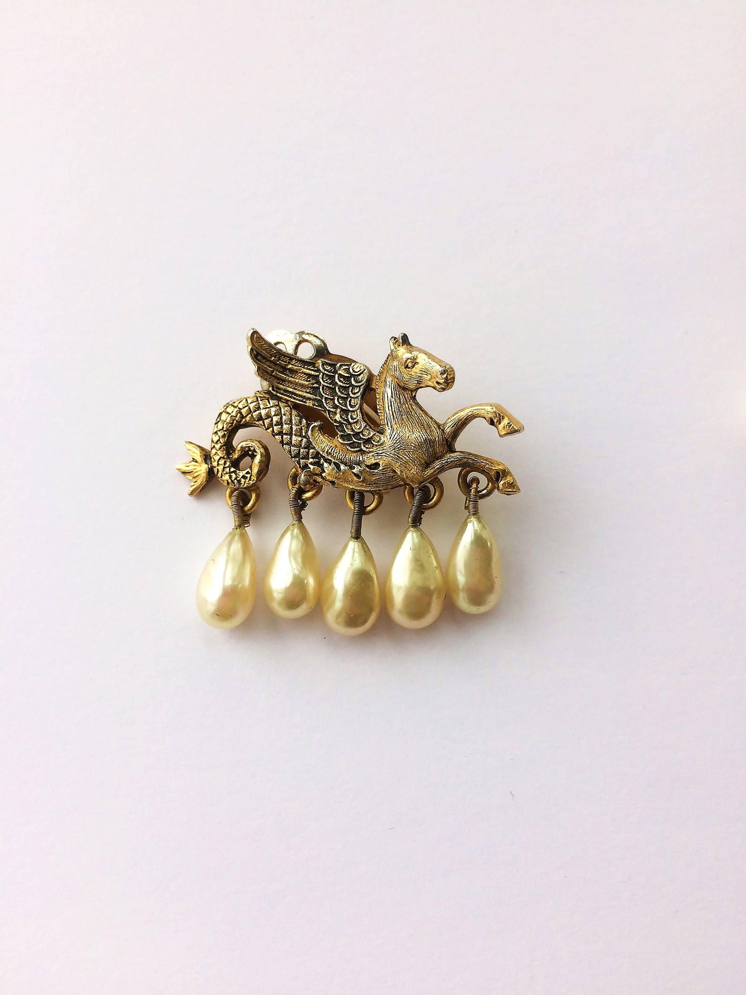 V rare 'hippocamp' gilt and drop pearl earrings, Christian Dior, 1950s 1