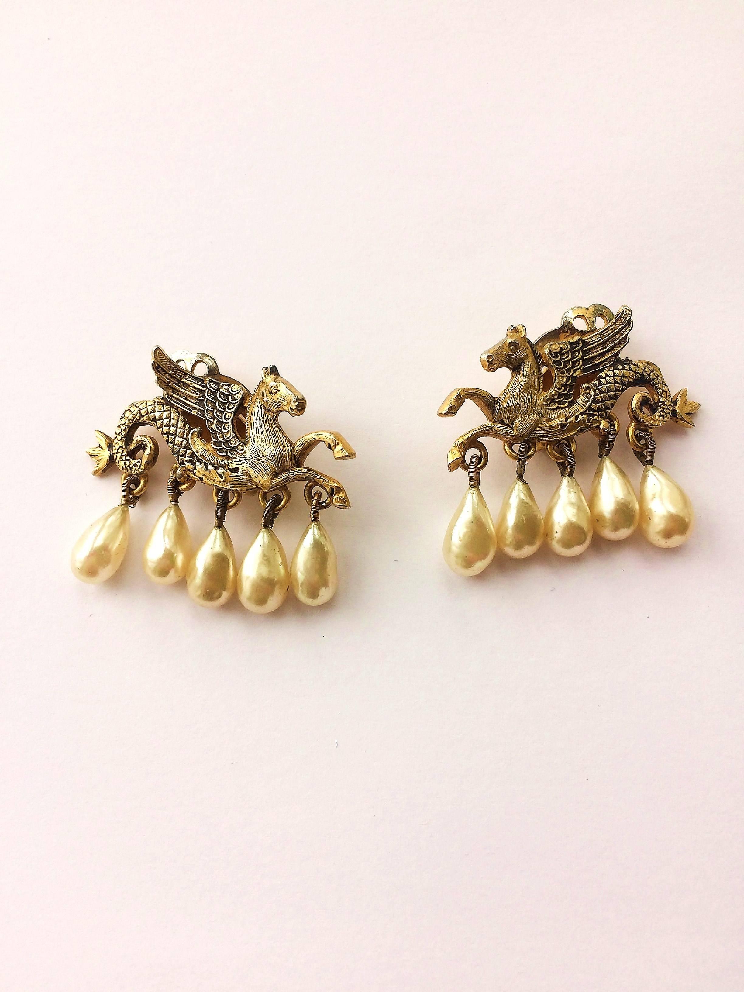 V rare 'hippocamp' gilt and drop pearl earrings, Christian Dior, 1950s 2