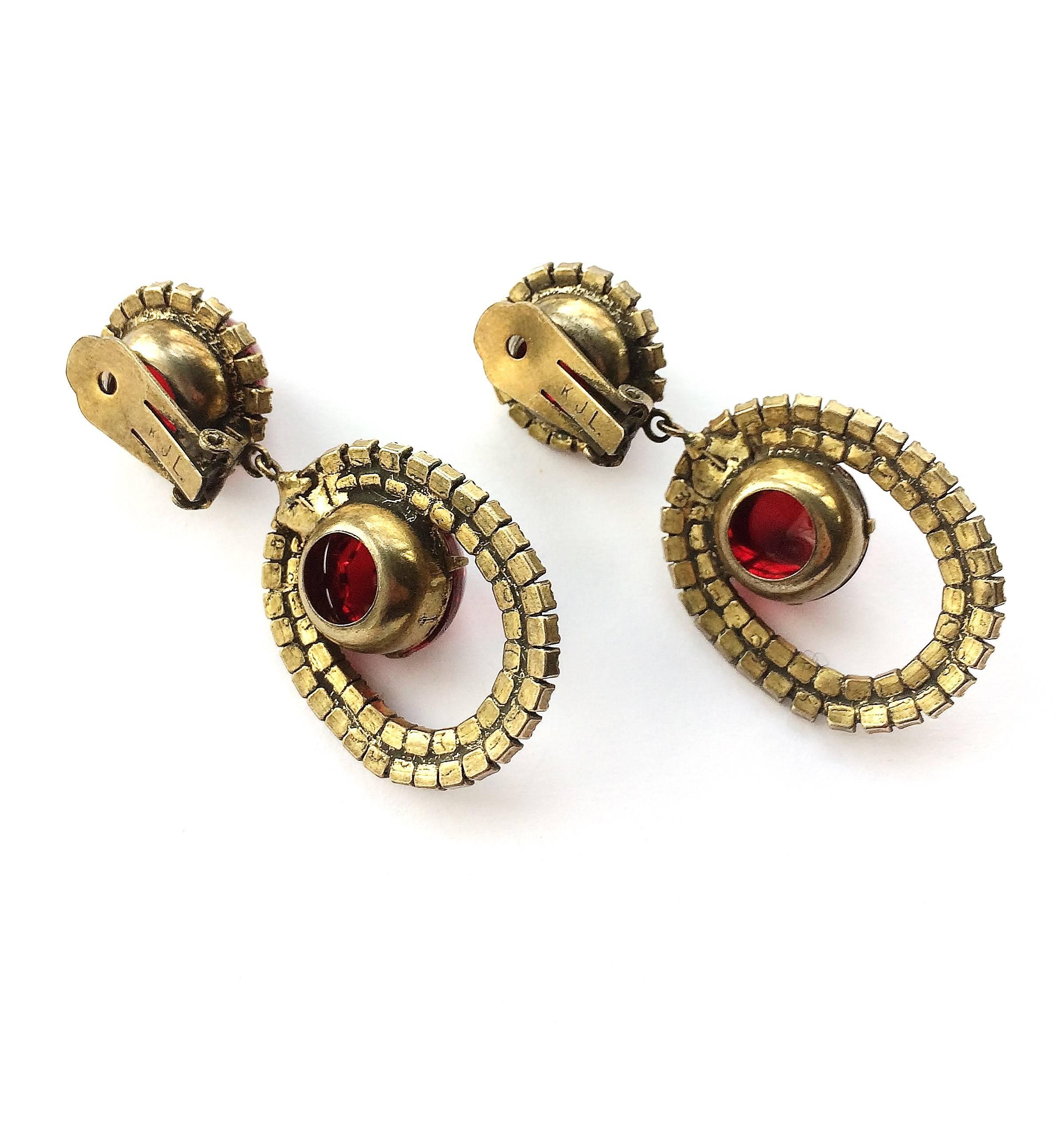 Women's Ruby cabochon and grey paste drop earrings, Kenneth Jay Lane (KJL), USA, 1960s