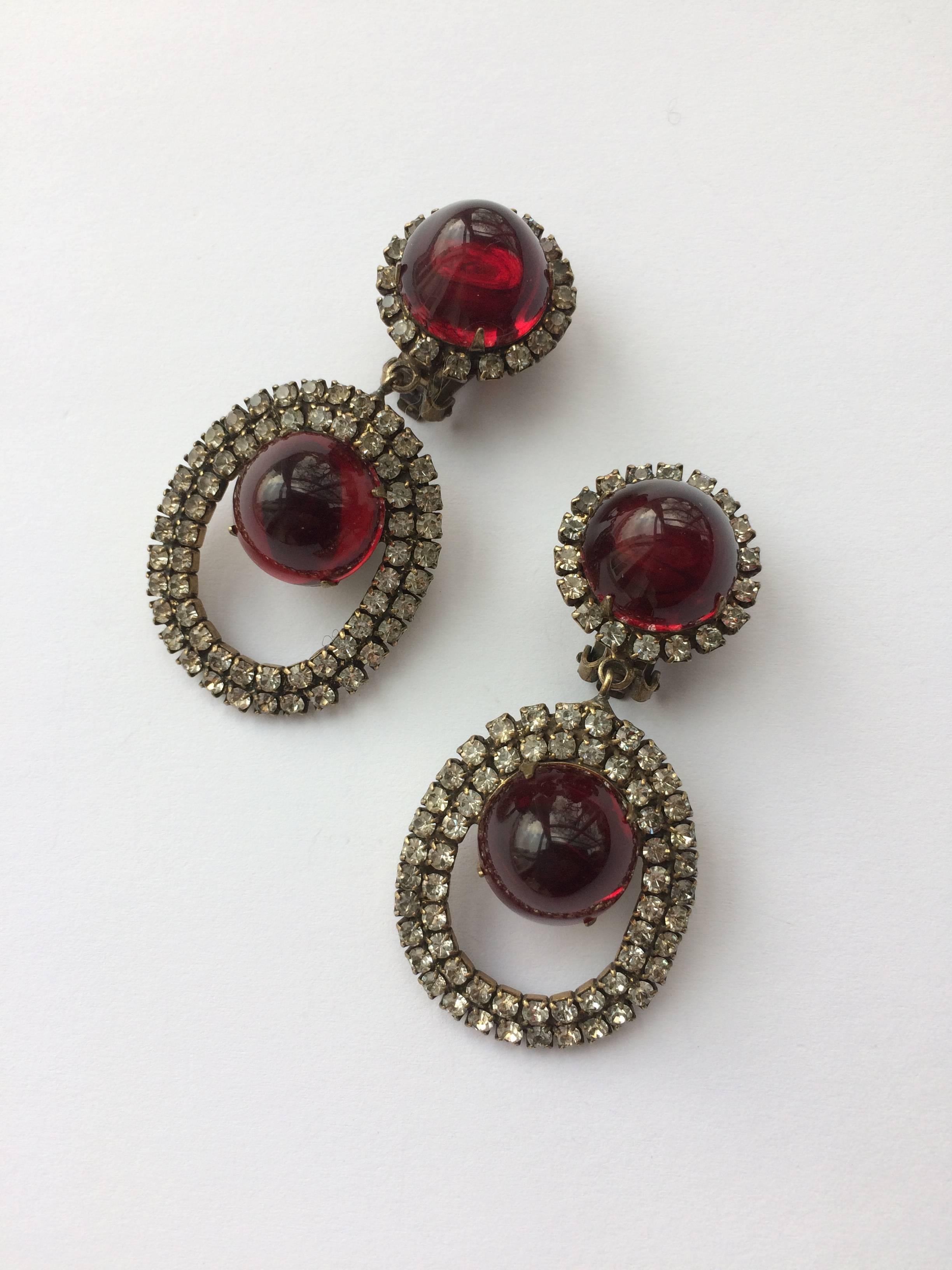 Ruby cabochon and grey paste drop earrings, Kenneth Jay Lane (KJL), USA, 1960s 1