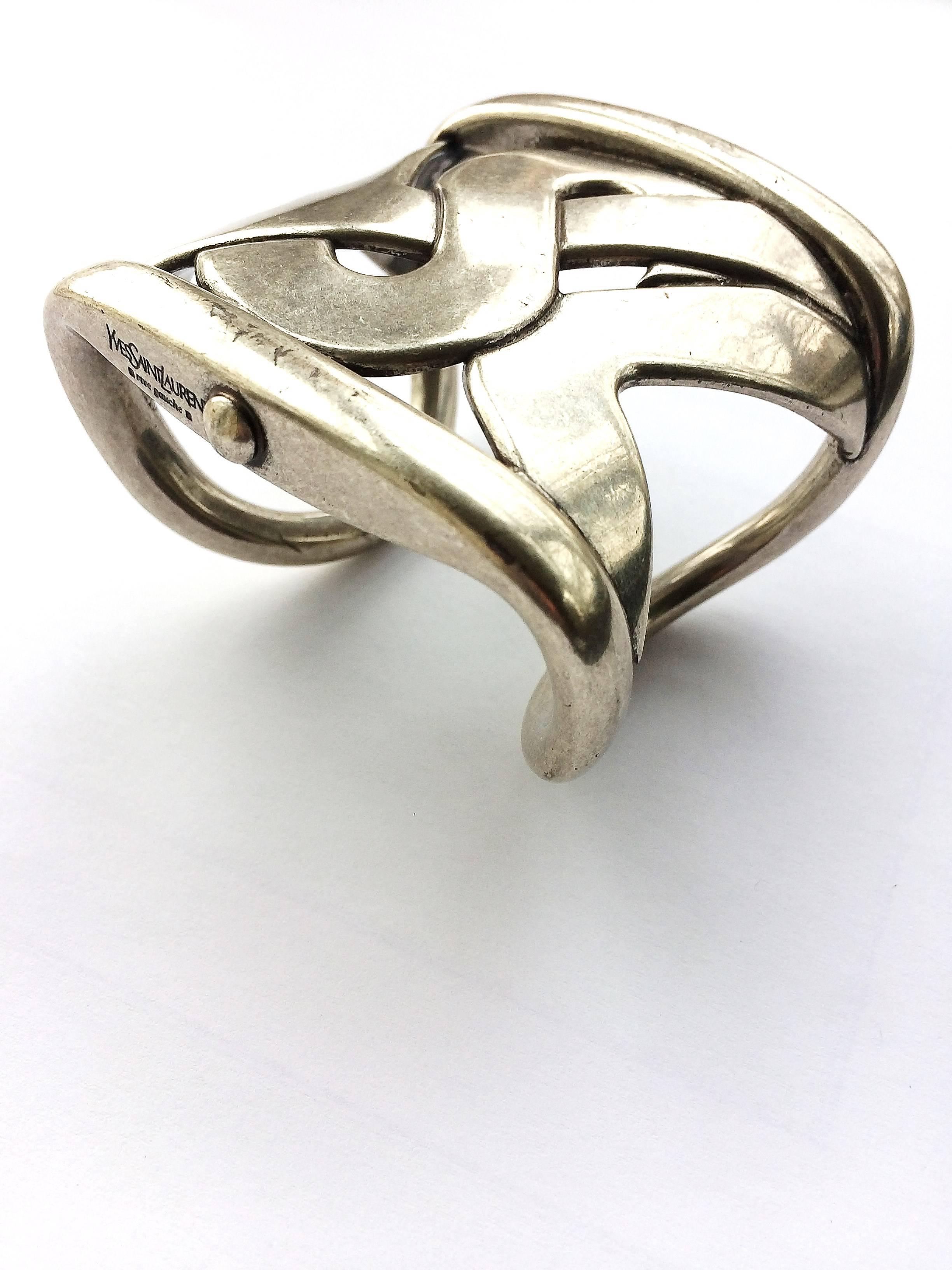 Women's A statement logo silver plated cuff bangle, Yves Saint Laurent, France,  1980s.