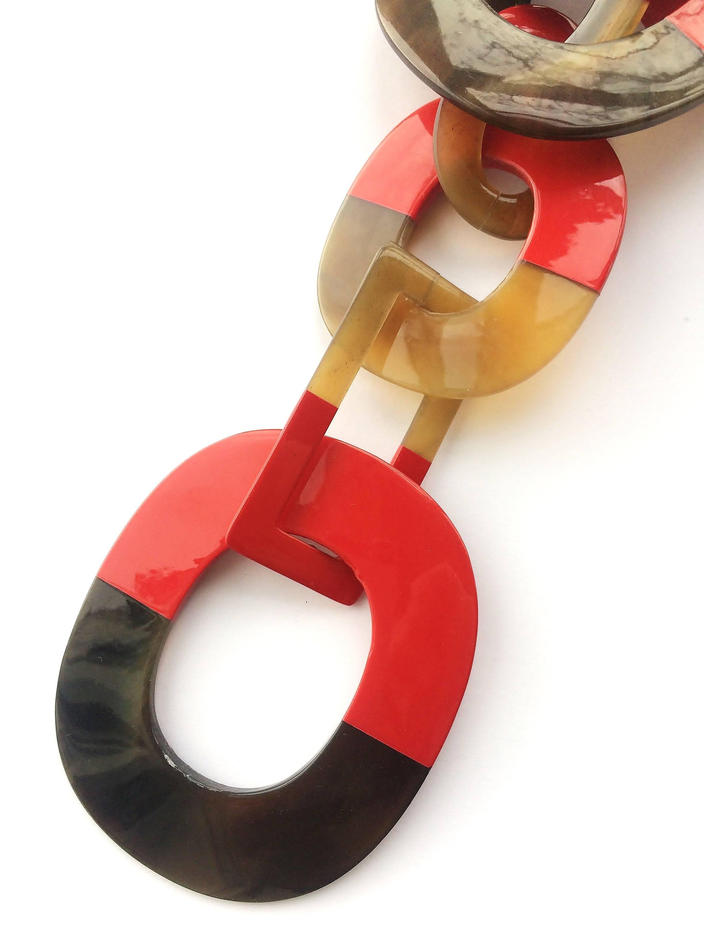 Hermes horn and red lacquer multi coloured linked sautoir necklace 1
